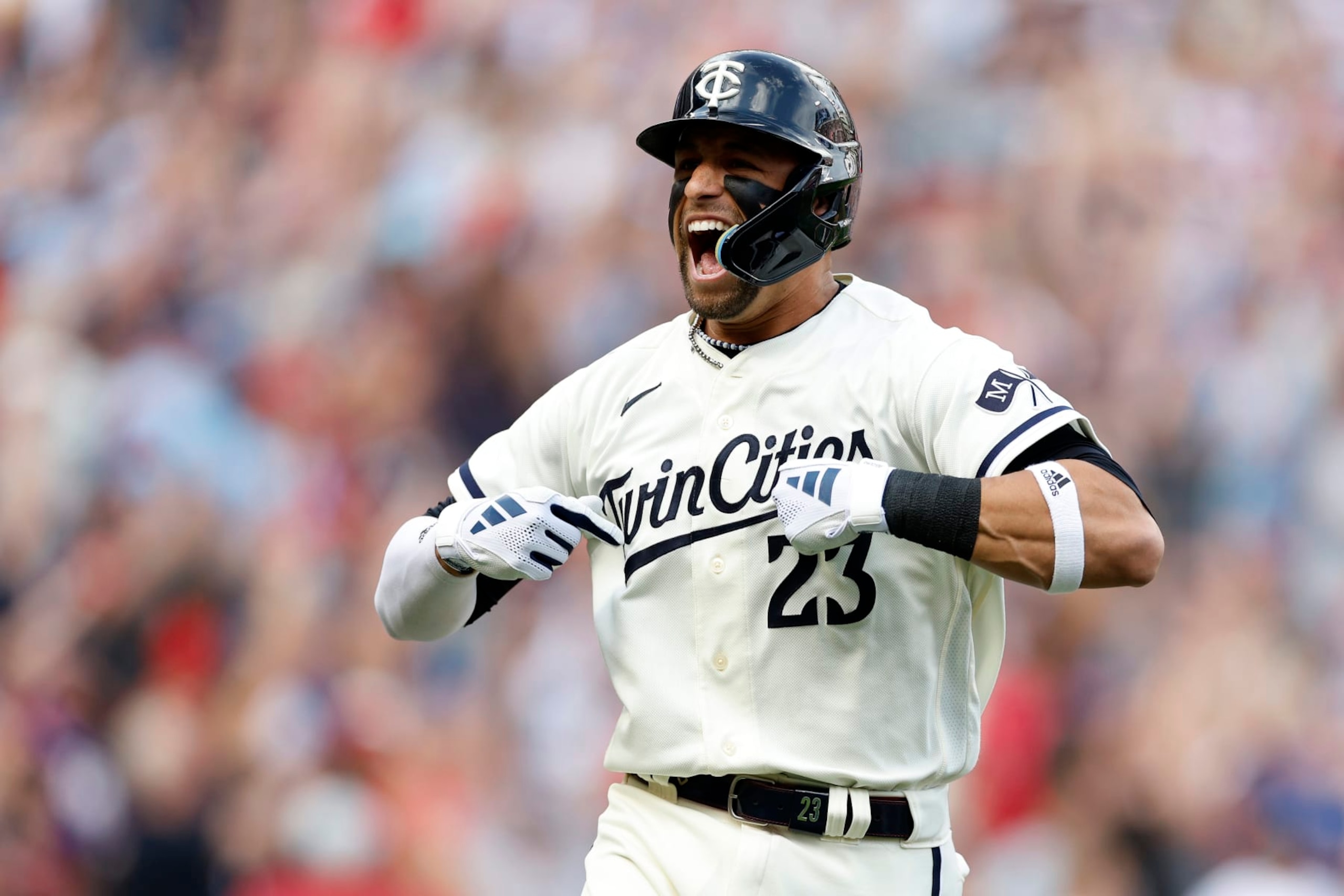 MINNEAPOLIS, MINNESOTA - OCTOBER 03: Royce Lewis #23 of the Minnesota Twins celebrates after hitting a two run home run against Kevin Gausman #34 of the Toronto Blue Jays during the first inning Game One of the Wild Card Series at Target Field on October 03, 2023 in Minneapolis, Minnesota. (Photo by David Berding/Getty Images)