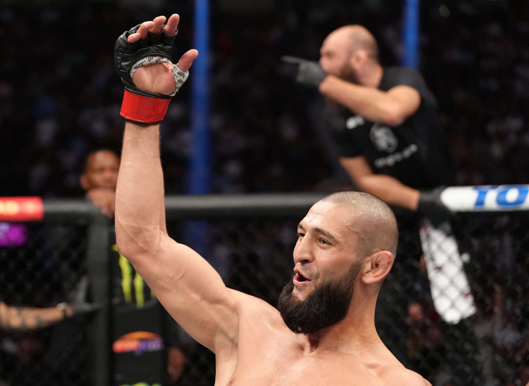 LAS VEGAS, NEVADA - SEPTEMBER 10: Khamzat Chimaev of Russia reacts after his submission victory over Kevin Holland in a 180-pound catchweight fight during the UFC 279 event at T-Mobile Arena on September 10, 2022 in Las Vegas, Nevada. (Photo by Jeff Bottari/Zuffa LLC)