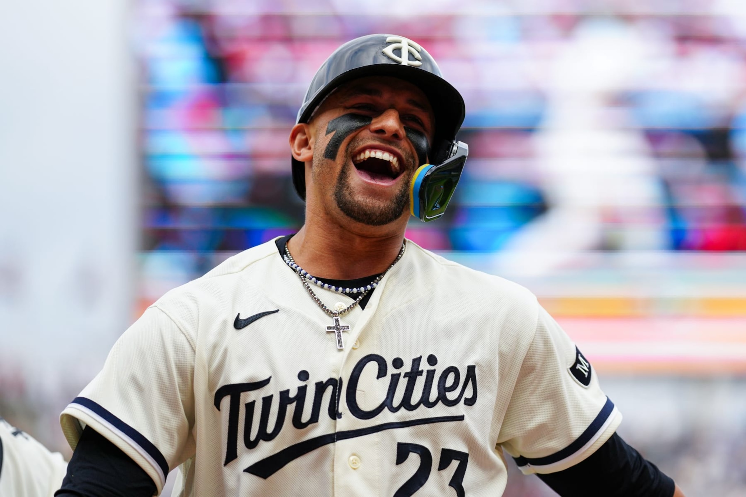 MINNEAPOLIS, MN - OCTOBER 03: Royce Lewis #23 of the Minnesota Twins celebrates after hitting his second home run during during Game 1 of the Wild Card Series between the Toronto Blue Jays and the Minnesota Twins at Target Field on Tuesday, October 3, 2023 in Minneapolis, Minnesota. (Photo by Daniel Shirey/MLB Photos via Getty Images)
