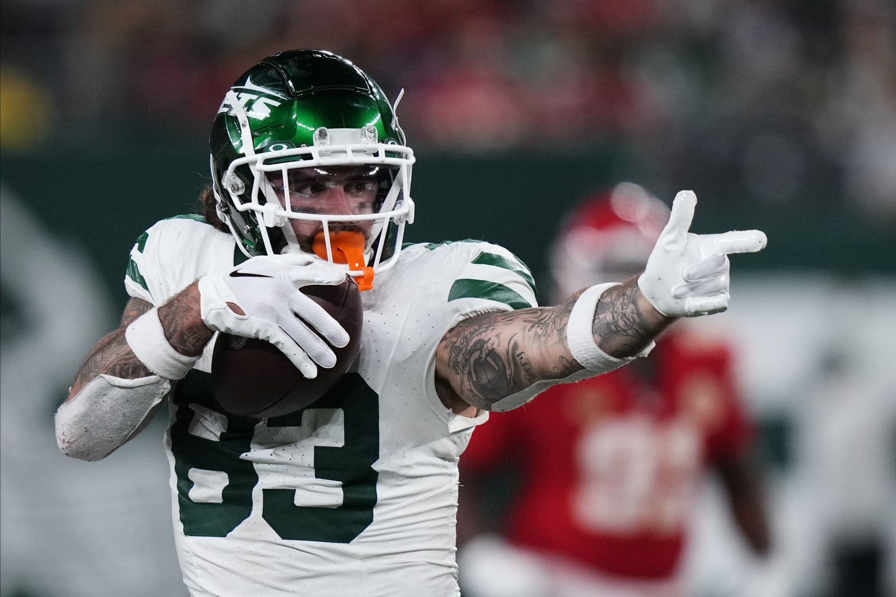 New York Jets tight end Tyler Conklin (83) reacts during the third quarter of an NFL football game against the Kansas City Chiefs, Sunday, Oct. 1, 2023, in East Rutherford, N.J. (AP Photo/Frank Franklin II)