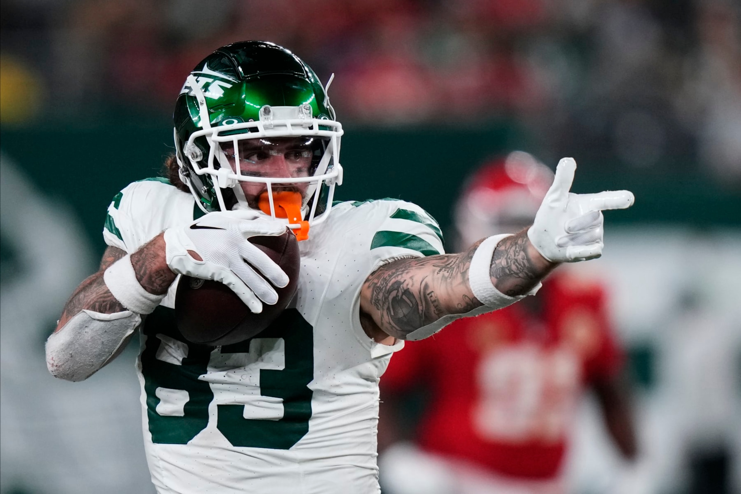 New York Jets tight end Tyler Conklin (83) reacts during the third quarter of an NFL football game against the Kansas City Chiefs, Sunday, Oct. 1, 2023, in East Rutherford, N.J. (AP Photo/Frank Franklin II)