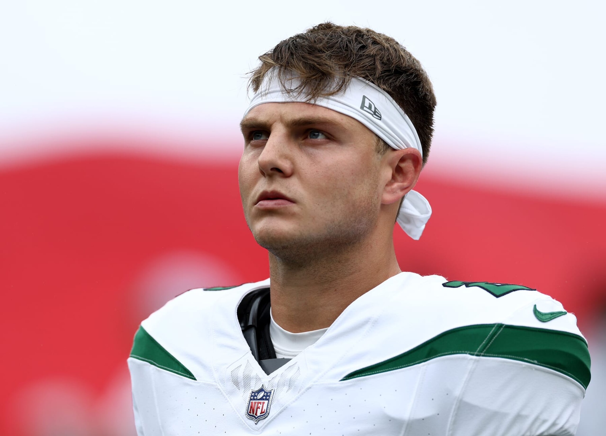 EAST RUTHERFORD, NEW JERSEY - SEPTEMBER 24: Zach Wilson #2 of the New York Jets stands on the field before the start of the game against the New England Patriots at MetLife Stadium on September 24, 2023 in East Rutherford, New Jersey. (Photo by Elsa/Getty Images)