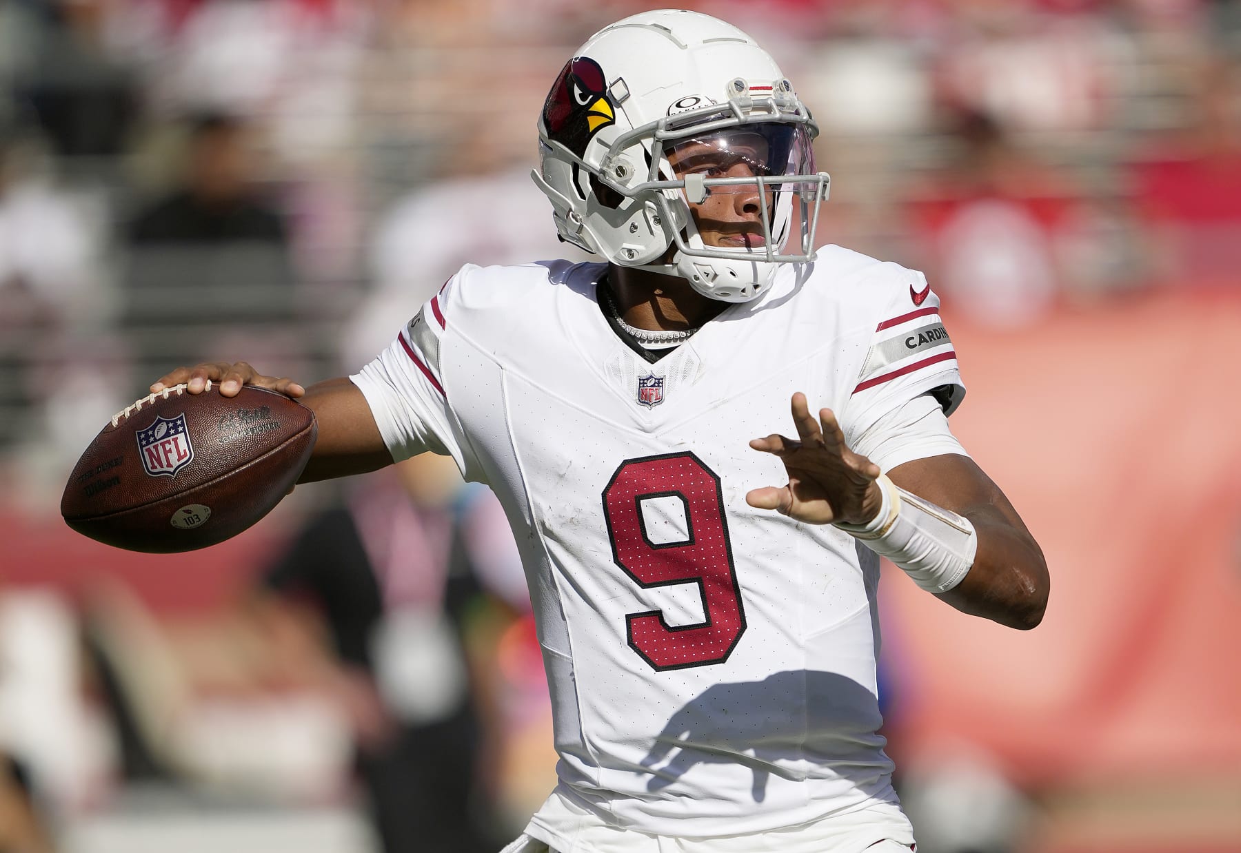 SANTA CLARA, CALIFORNIA - OCTOBER 01: Joshua Dobbs #9 of the Arizona Cardinals drops back to pass against the San Francisco 49ers during the second quarter of an NFL football game at Levi's Stadium on October 01, 2023 in Santa Clara, California. (Photo by Thearon W. Henderson/Getty Images)