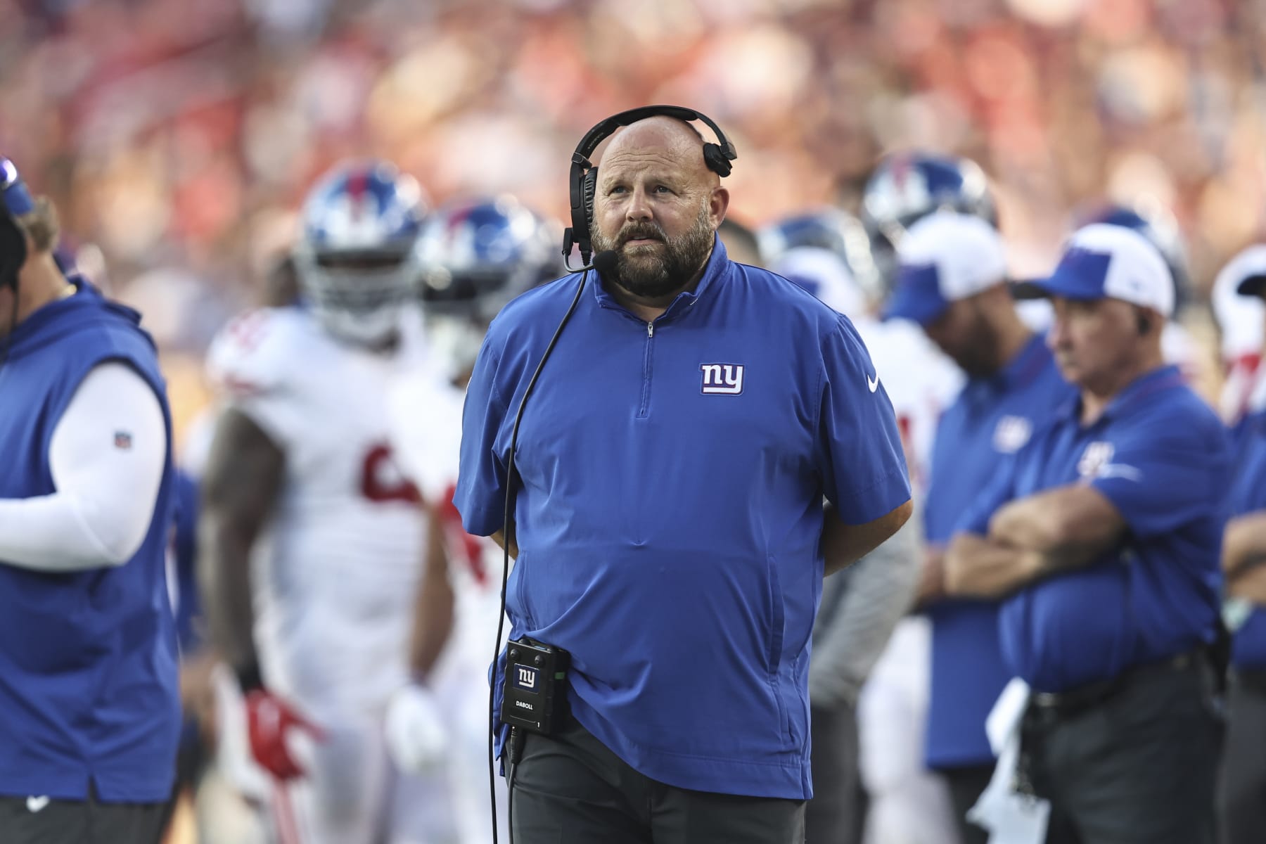 SANTA CLARA, CALIFORNIA - SEPTEMBER 21: Head coach Brian Daboll of the New York Giants looks on during an NFL football game between the San Francisco 49ers and the New York Giants at Levi's Stadium on September 21, 2023 in Santa Clara, California. (Photo by Michael Owens/Getty Images) SANTA CLARA, CALIFORNIA - SEPTEMBER 21: Head coach Brian Daboll of the New York Giants looks on during an NFL football game between the San Francisco 49ers and the New York Giants at Levi's Stadium on September 21, 2023 in Santa Clara, California. (Photo by Michael Owens/Getty Images)