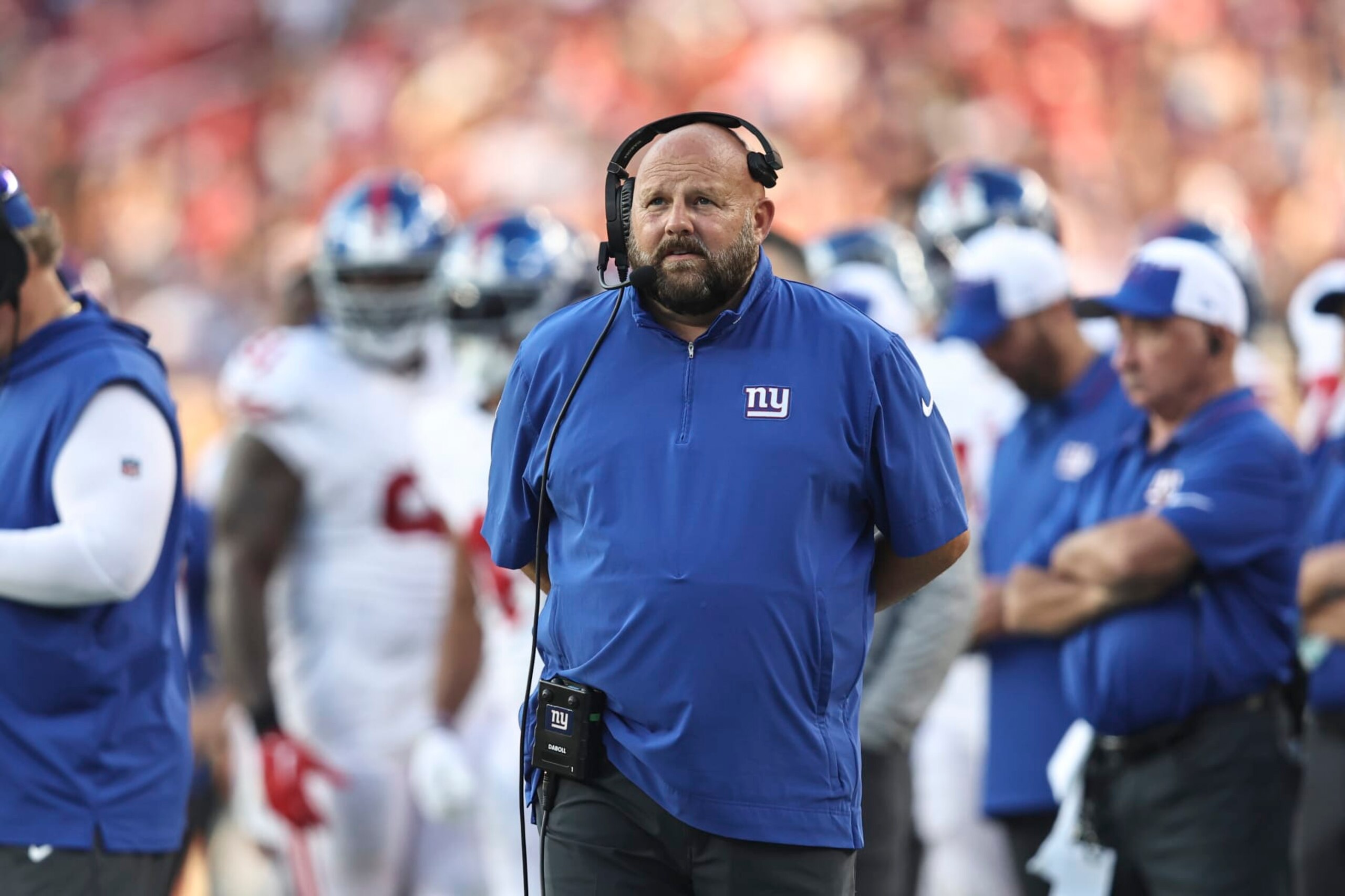 SANTA CLARA, CALIFORNIA - SEPTEMBER 21: Head coach Brian Daboll of the New York Giants looks on during an NFL football game between the San Francisco 49ers and the New York Giants at Levi's Stadium on September 21, 2023 in Santa Clara, California. (Photo by Michael Owens/Getty Images)