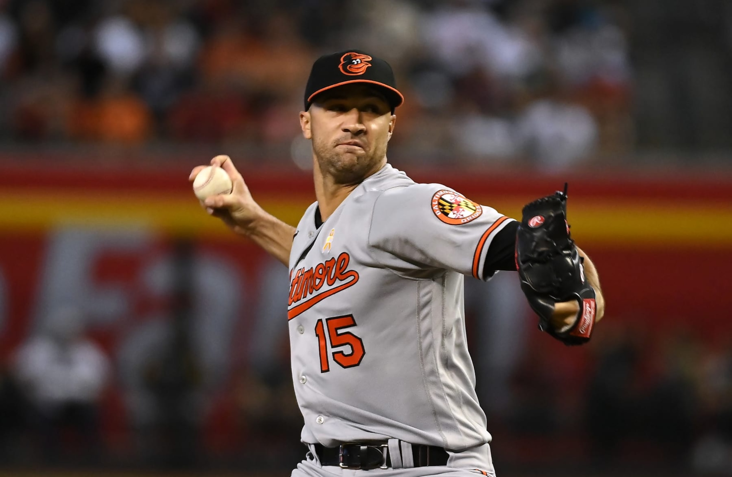 PHOENIX, ARIZONA - SEPTEMBER 03: Jack Flaherty #15 of the Baltimore Orioles delivers a first-inning pitch against the Arizona Diamondbacks at Chase Field on September 03, 2023 in Phoenix, Arizona. (Photo by Norm Hall/Getty Images)