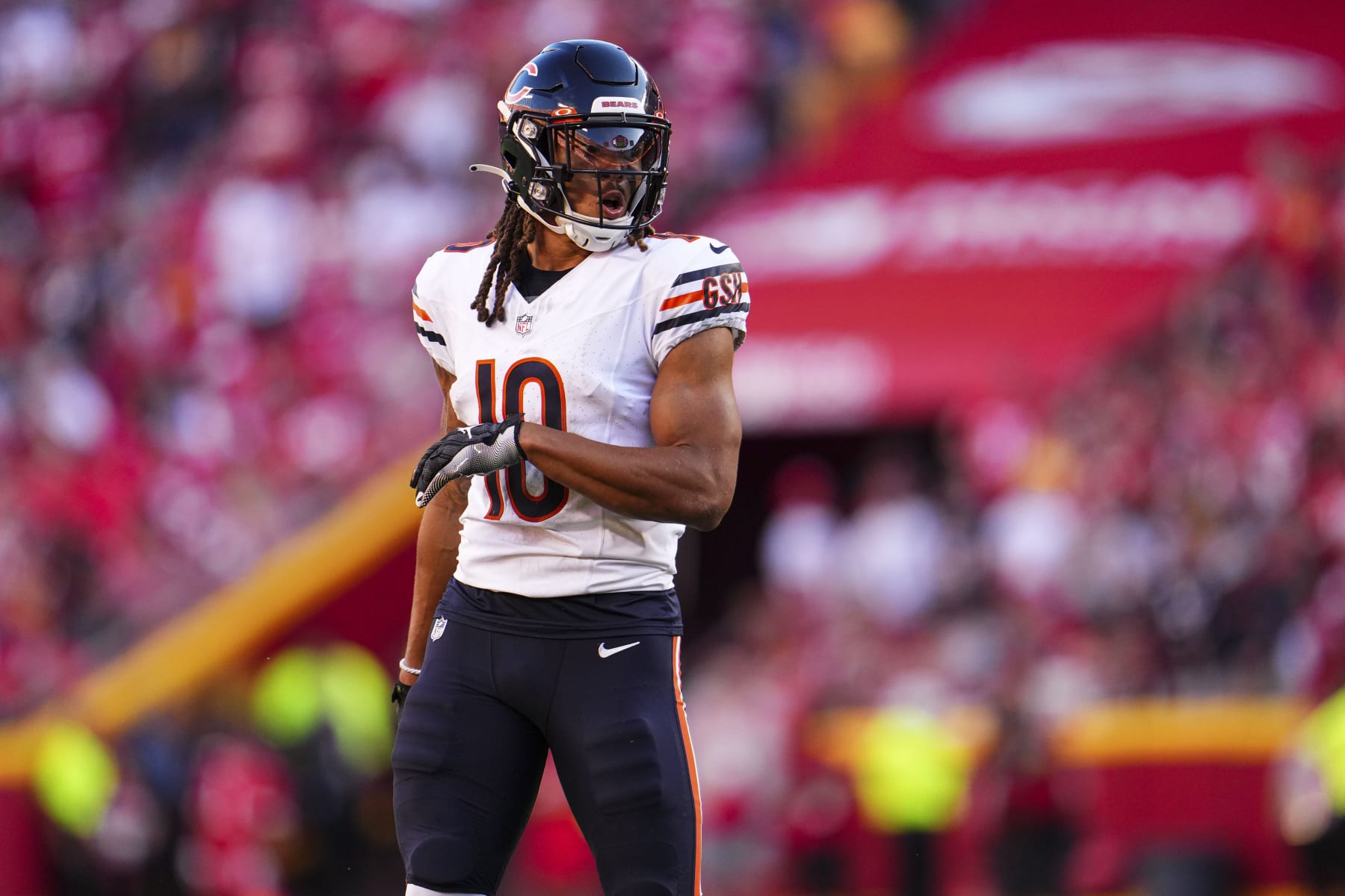 KANSAS CITY, MO - SEPTEMBER 24: Chase Claypool #10 of the Chicago Bears walks across the field during at GEHA Field at Arrowhead Stadium on September 24, 2023 in Kansas City, Missouri. (Photo by Cooper Neill/Getty Images) KANSAS CITY, MO - SEPTEMBER 24: Chase Claypool #10 of the Chicago Bears walks across the field during at GEHA Field at Arrowhead Stadium on September 24, 2023 in Kansas City, Missouri. (Photo by Cooper Neill/Getty Images)