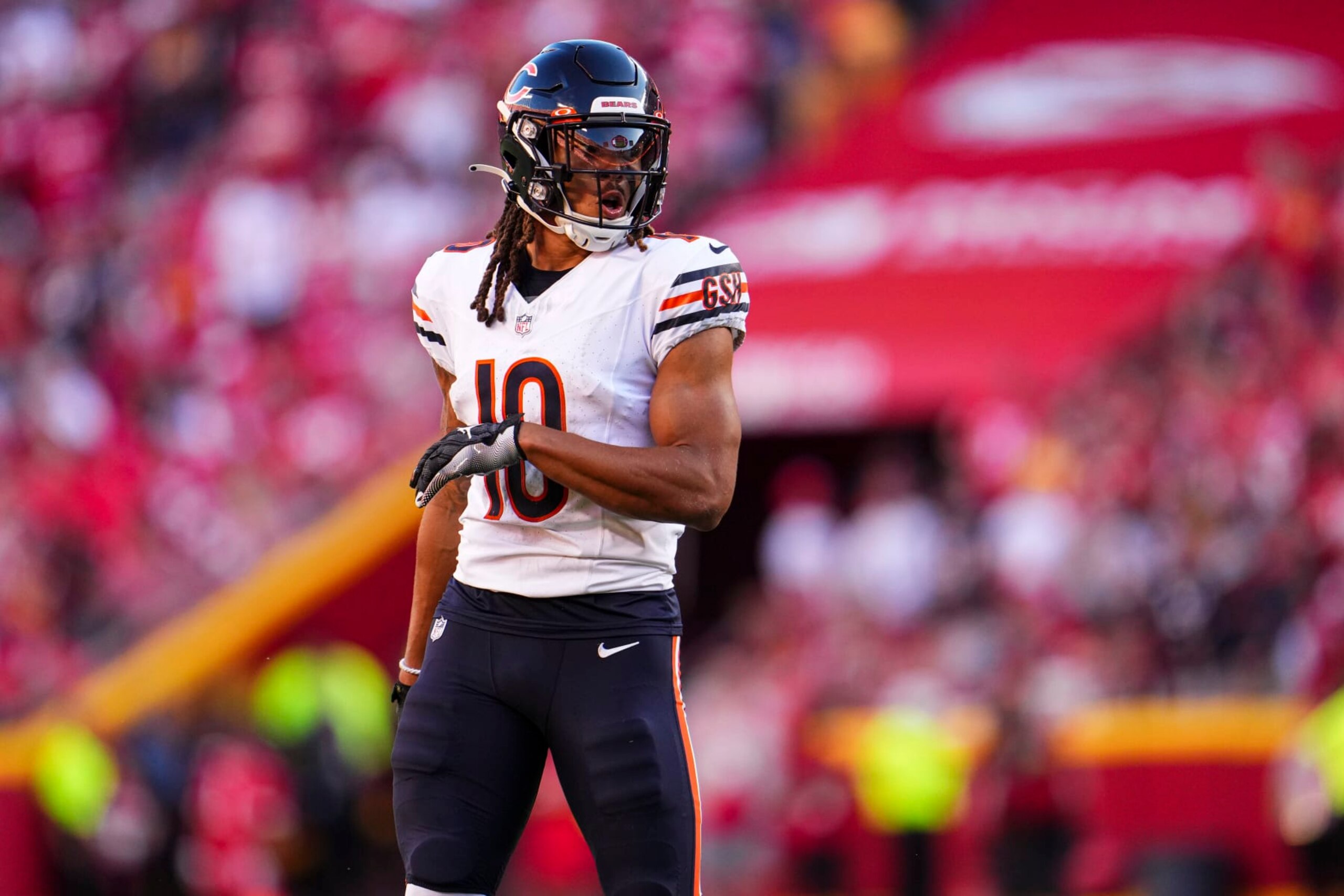 KANSAS CITY, MO - SEPTEMBER 24: Chase Claypool #10 of the Chicago Bears walks across the field during at GEHA Field at Arrowhead Stadium on September 24, 2023 in Kansas City, Missouri. (Photo by Cooper Neill/Getty Images)