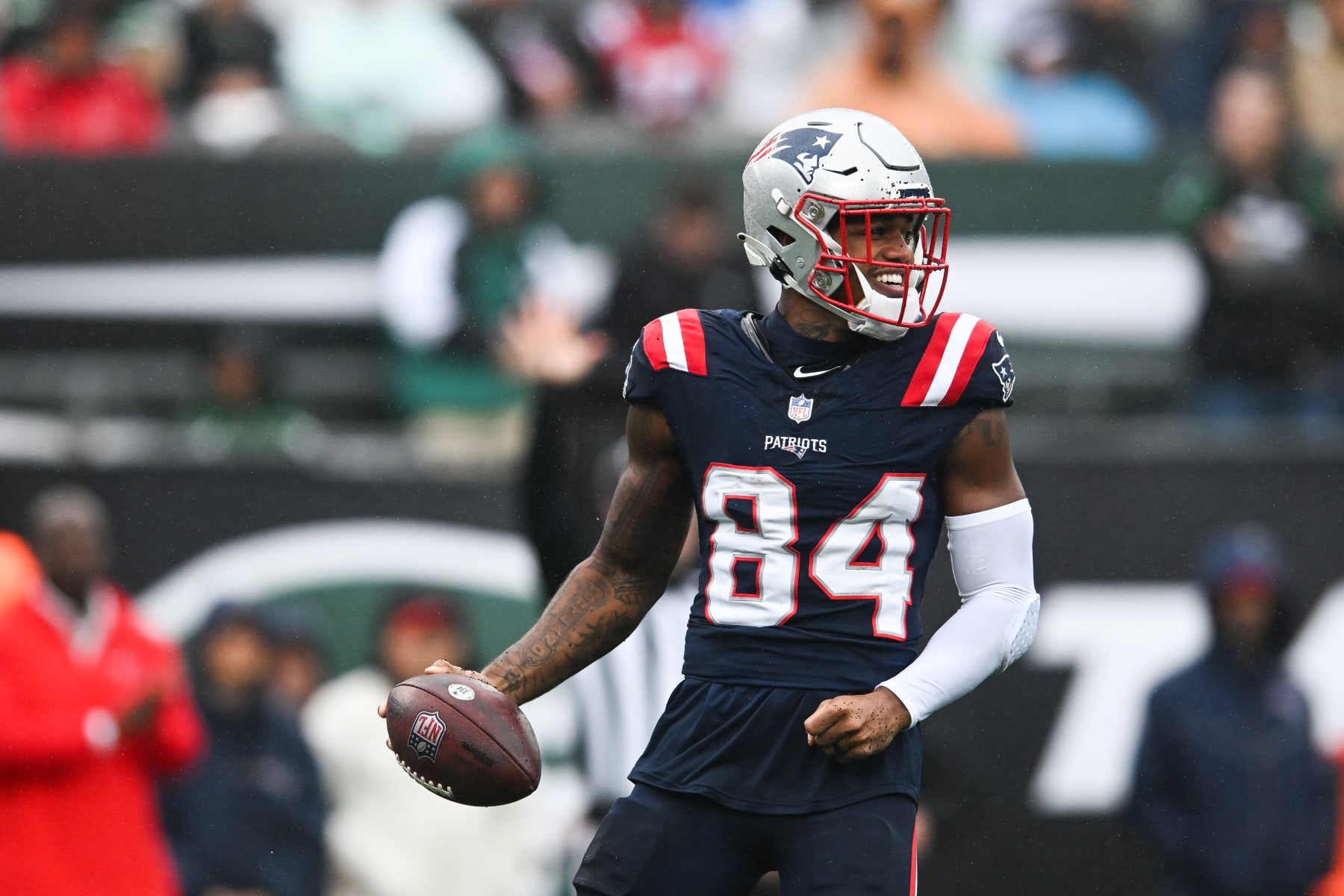 EAST RUTHERFORD, NJ - SEPTEMBER 24: Kendrick Bourne #84 of the New England Patriots smiles after a first down during the first half against the New York Jets at MetLife Stadium on September 24, 2023 in East Rutherford, New Jersey. (Photo by Kathryn Riley/Getty Images)