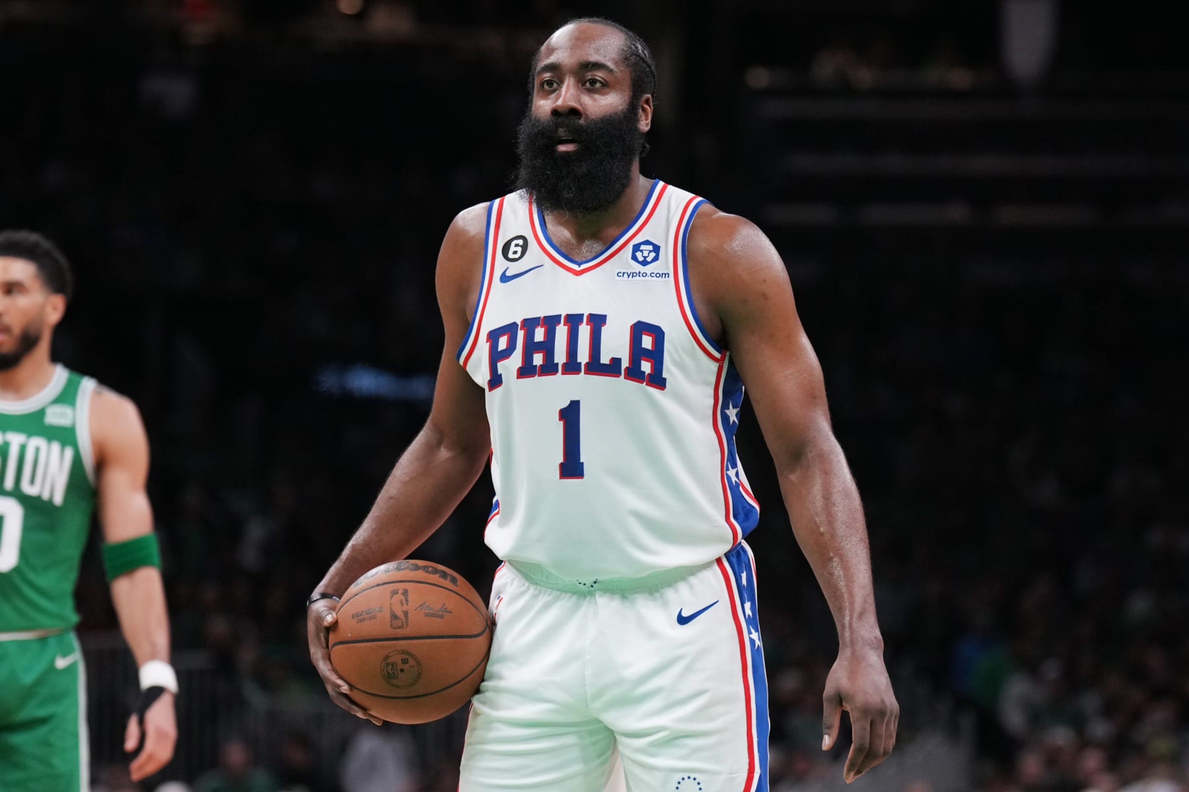 BOSTON, MA - MAY 3: James Harden #1 of the Philadelphia 76ers shoots a free throw during Round 2 Game 2 of the Eastern Conference Semi-Finals 2023 NBA Playoffs against the Boston Celtics on May 3, 2023 at the TD Garden in Boston, Massachusetts. NOTE TO USER: User expressly acknowledges and agrees that, by downloading and or using this photograph, User is consenting to the terms and conditions of the Getty Images License Agreement. Mandatory Copyright Notice: Copyright 2023 NBAE (Photo by Jesse D. Garrabrant/NBAE via Getty Images) BOSTON, MA - MAY 3: James Harden #1 of the Philadelphia 76ers shoots a free throw during Round 2 Game 2 of the Eastern Conference Semi-Finals 2023 NBA Playoffs against the Boston Celtics on May 3, 2023 at the TD Garden in Boston, Massachusetts. NOTE TO USER: User expressly acknowledges and agrees that, by downloading and or using this photograph, User is consenting to the terms and conditions of the Getty Images License Agreement. Mandatory Copyright Notice: Copyright 2023 NBAE (Photo by Jesse D. Garrabrant/NBAE via Getty Images)