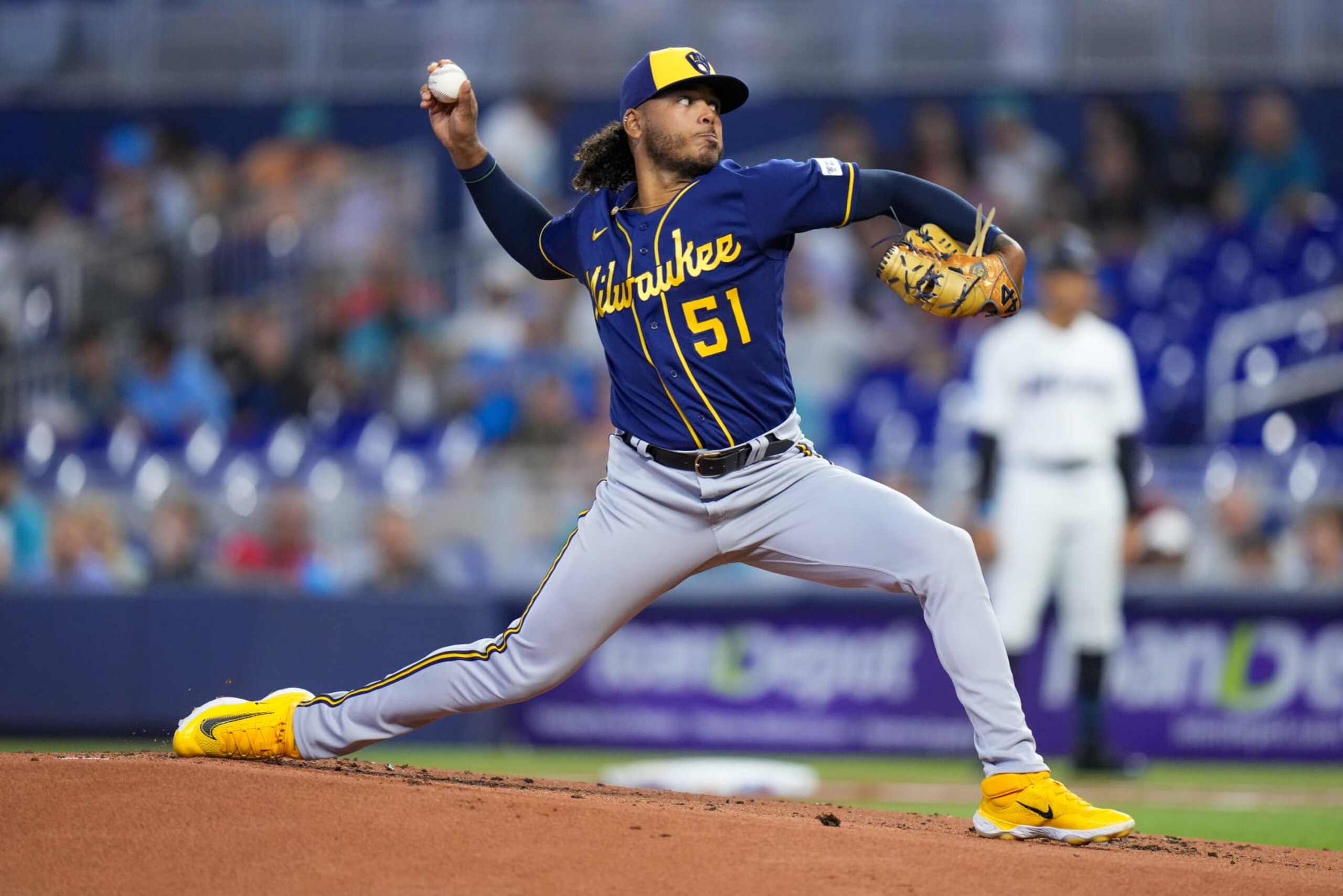 MIAMI, FLORIDA - SEPTEMBER 24: Freddy Peralta #51 of the Milwaukee Brewers throws a pitch against the Miami Marlins during the first inning at loanDepot park on September 24, 2023 in Miami, Florida. (Photo by Rich Storry/Getty Images)