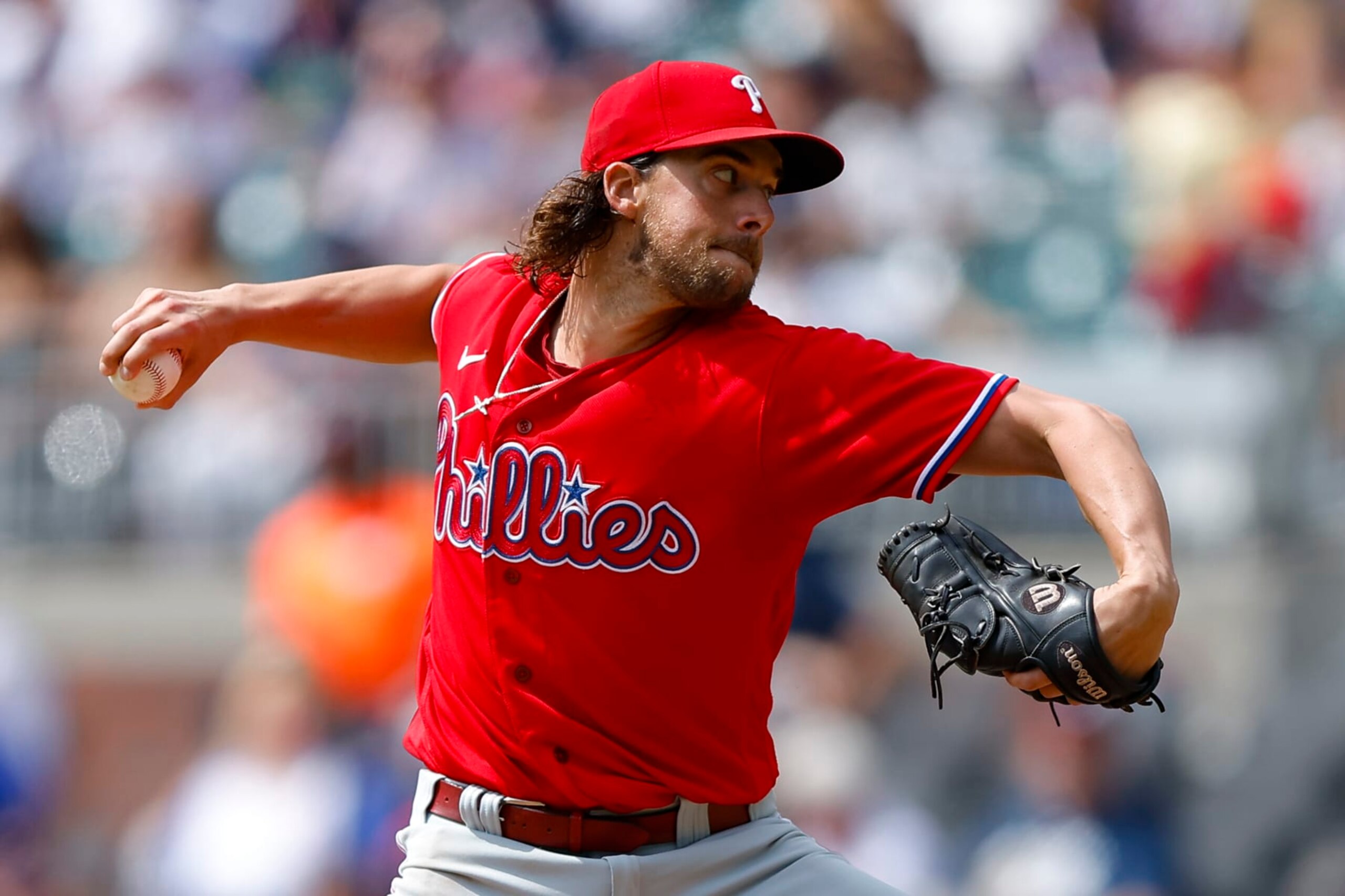 ATLANTA, GEORGIA - SEPTEMBER 20: Aaron Nola #27 of the Philadelphia Phillies pitches during the second inning against the Atlanta Braves at Truist Park on September 20, 2023 in Atlanta, Georgia. (Photo by Todd Kirkland/Getty Images)