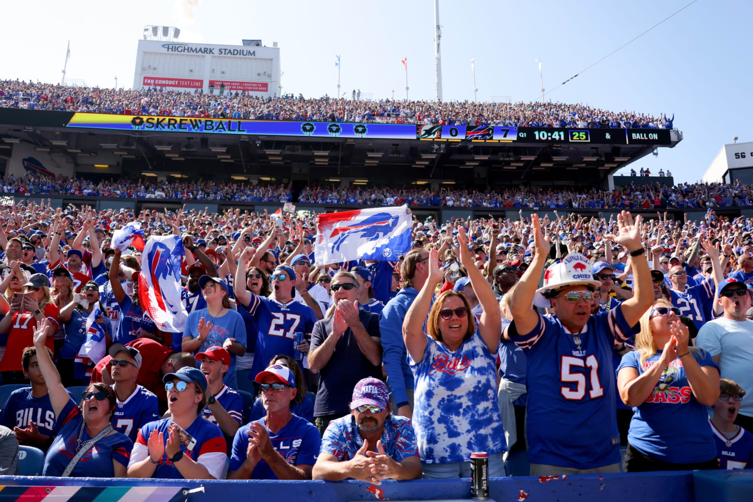 ORCHARD PARK, NEW YORK - OCTOBER 01: General view of Buffalo Bills fans during the first half against the Miami Dolphins at Highmark Stadium on October 01, 2023 in Orchard Park, New York. (Photo by Timothy T Ludwig/Getty Images) ORCHARD PARK, NEW YORK - OCTOBER 01: General view of Buffalo Bills fans during the first half against the Miami Dolphins at Highmark Stadium on October 01, 2023 in Orchard Park, New York. (Photo by Timothy T Ludwig/Getty Images)