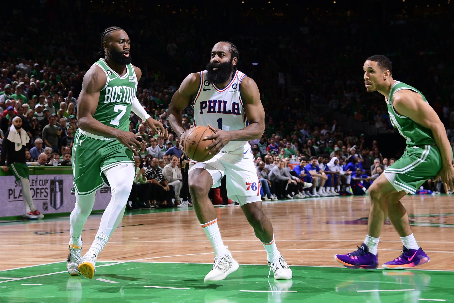 BOSTON, MA - MAY 14: James Harden #1 of the Philadelphia 76ers drives to the basket during the game against the Boston Celtics during the Eastern Conference Semi-Finals of the 2023 NBA Playoffs on May 14, 2023 at the TD Garden in Boston, Massachusetts. NOTE TO USER: User expressly acknowledges and agrees that, by downloading and or using this photograph, User is consenting to the terms and conditions of the Getty Images License Agreement. Mandatory Copyright Notice: Copyright 2023 NBAE  (Photo by Brian Babineau/NBAE via Getty Images)