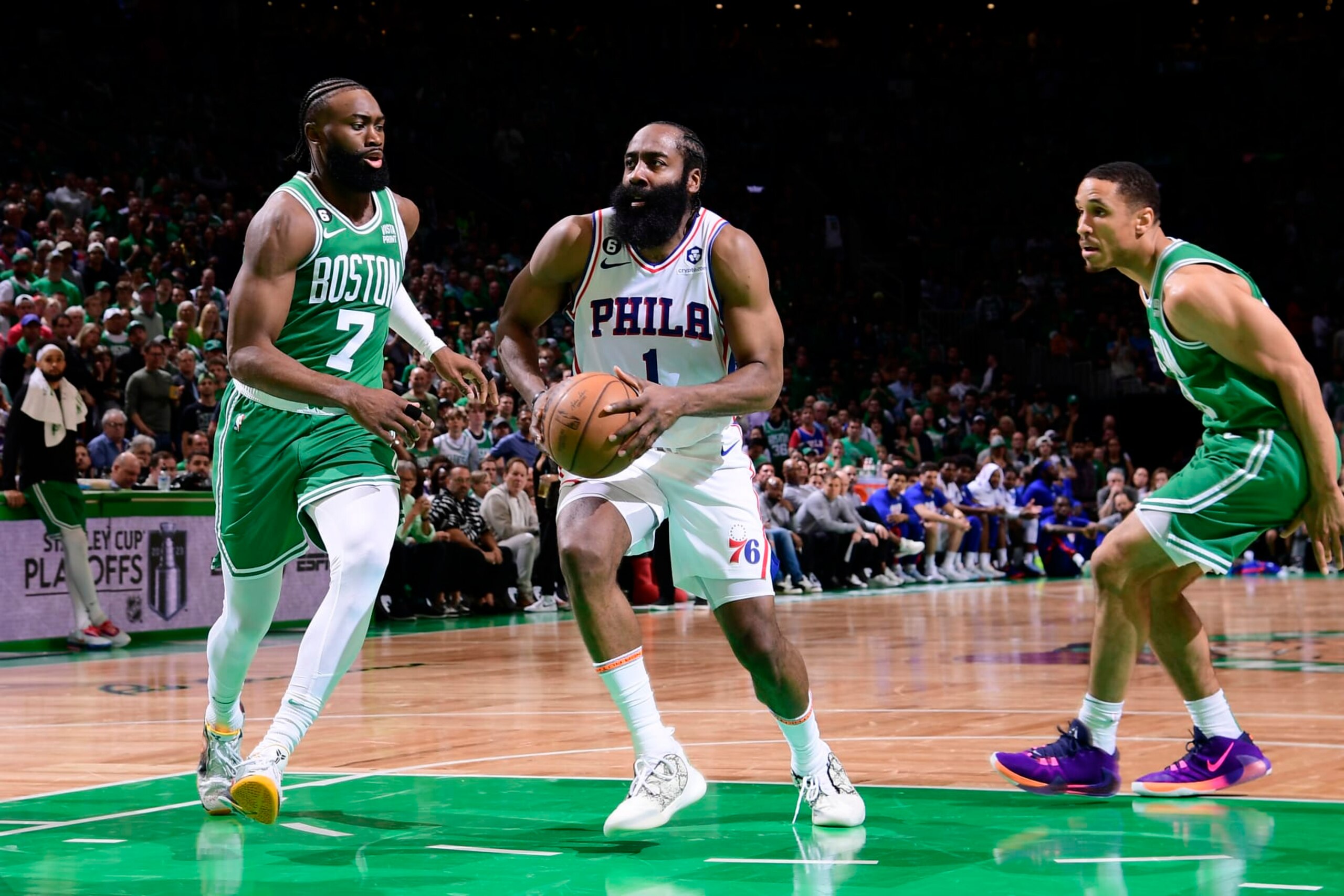 BOSTON, MA - MAY 14: James Harden #1 of the Philadelphia 76ers drives to the basket during the game against the Boston Celtics during the Eastern Conference Semi-Finals of the 2023 NBA Playoffs on May 14, 2023 at the TD Garden in Boston, Massachusetts. NOTE TO USER: User expressly acknowledges and agrees that, by downloading and or using this photograph, User is consenting to the terms and conditions of the Getty Images License Agreement. Mandatory Copyright Notice: Copyright 2023 NBAE  (Photo by Brian Babineau/NBAE via Getty Images)