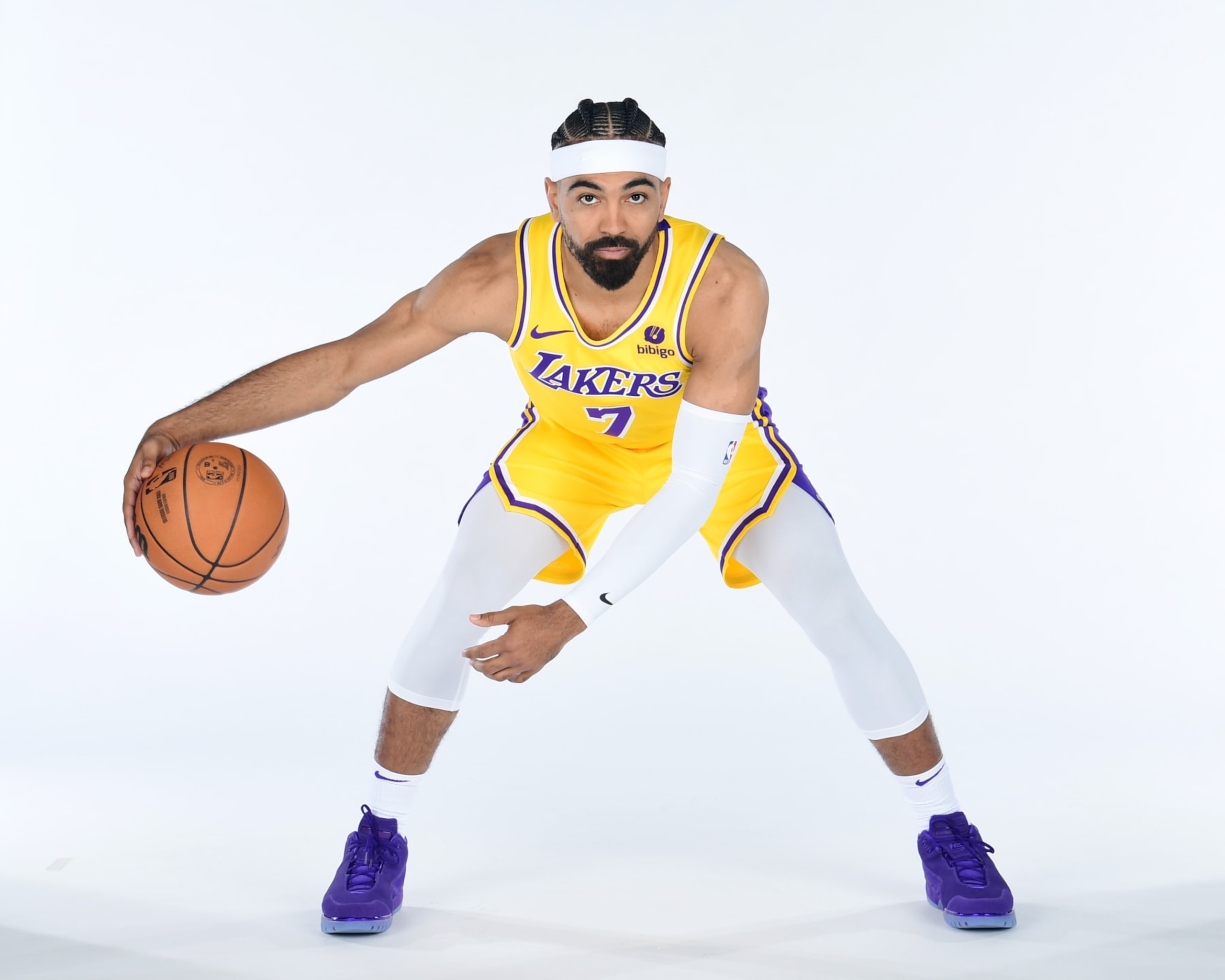 EL SEGUNDO, CA - OCTOBER 02: Gabe Vincent #7 of the Los Angeles Lakers poses for a portrait during 2023-24 NBA Media day at UCLA Health Training Center on October 02, 2023 in El Segundo, California. NOTE TO USER: User expressly acknowledges and agrees that, by downloading and/or using this Photograph, user is consenting to the terms and conditions of the Getty Images License Agreement. Mandatory Copyright Notice: Copyright 2023 NBAE (Photo by Adam Pantozzi/NBAE via Getty Images)
