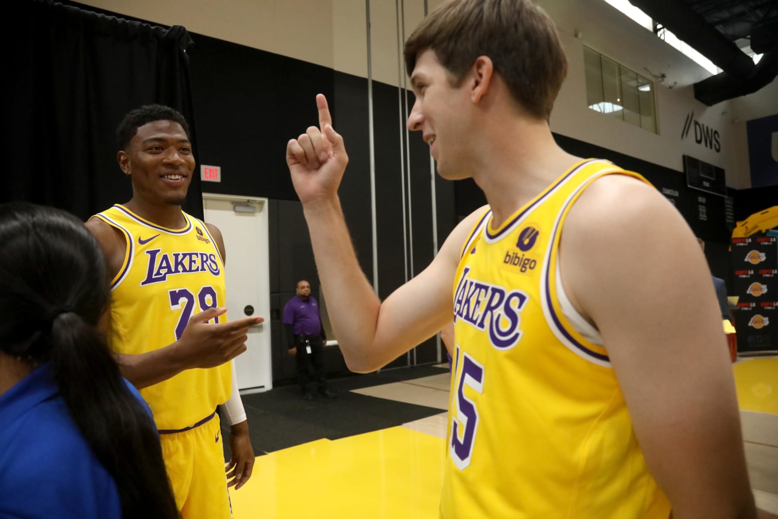 LOS ANGELES, CA -  OCTOBER 2, 2023 -  Los Angeles Lakers #28 Rui Hachimura and #15 Austin Reaves enjoy a light moment at Los Angeles Lakers Media Day at the UCLA Health Training Center in El Segundo on October 2, 2023. (Genaro Molina / Los Angeles Times via Getty Images)