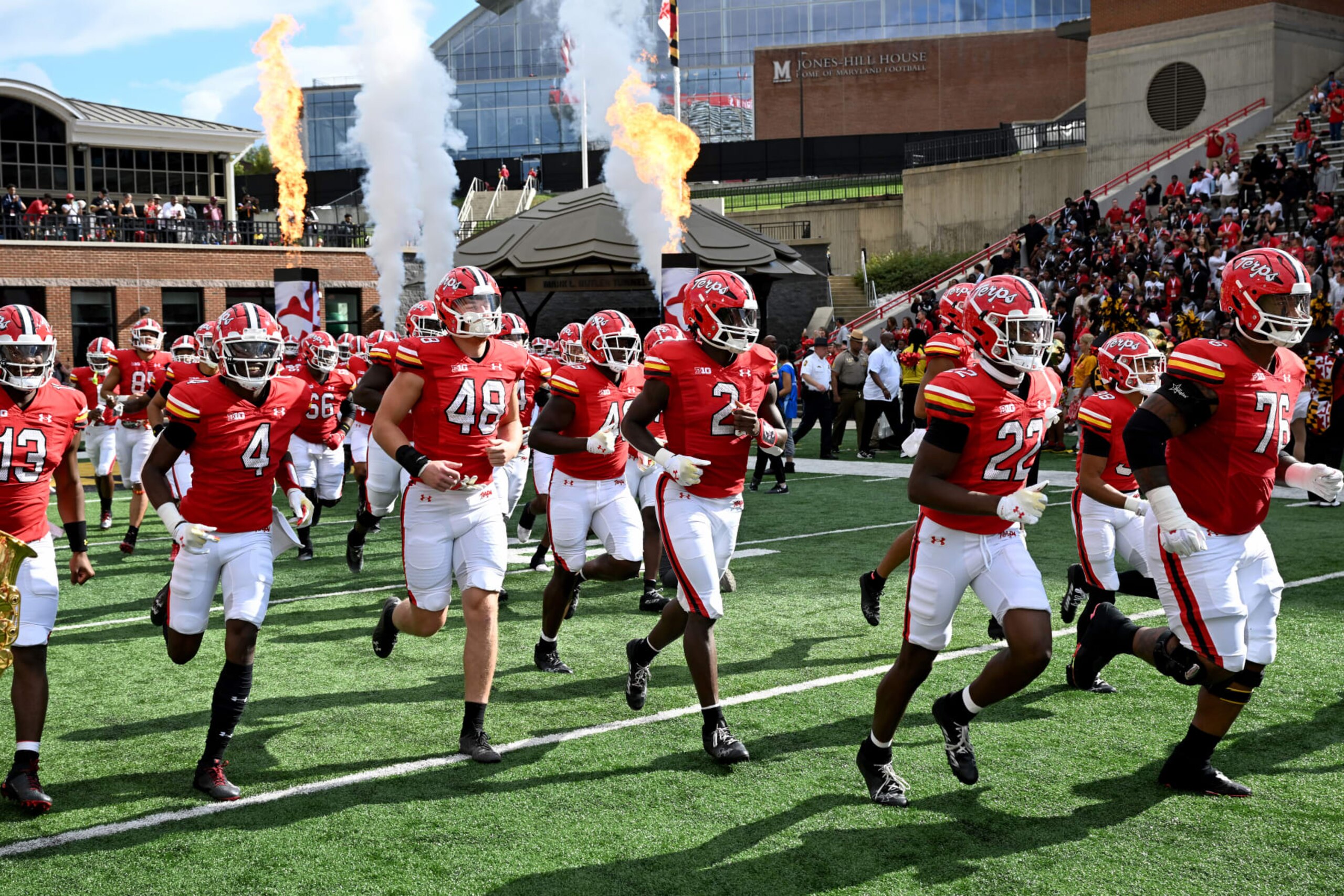 COLLEGE PARK, MARYLAND - SEPTEMBER 30: The Maryland Terrapins run onto the field before the game against the Indiana Hoosiers at SECU Stadium on September 30, 2023 in College Park, Maryland. (Photo by G Fiume/Getty Images)