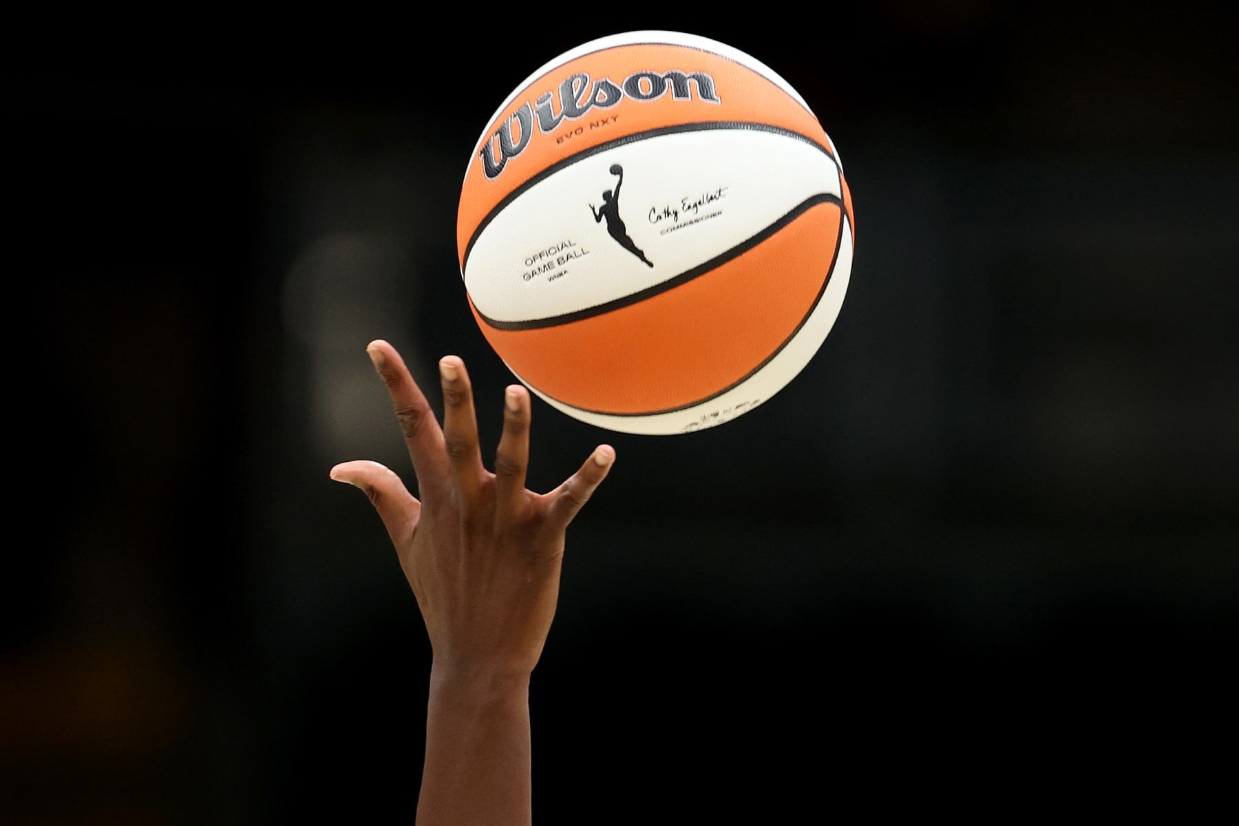 SEATTLE, WASHINGTON - JUNE 20: A detail of the WNBA logo is seen on the basketball during opening tipoff between the Seattle Storm and the Connecticut Sun at Climate Pledge Arena on June 20, 2023 in Seattle, Washington. (Photo by Steph Chambers/Getty Images)
