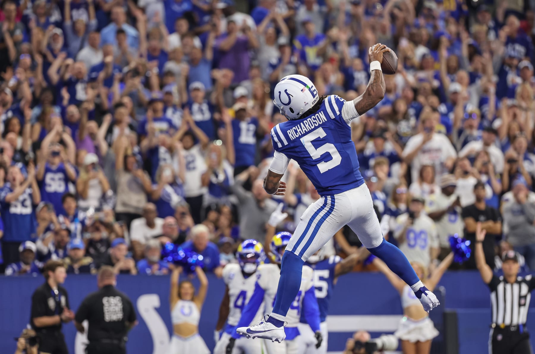 INDIANAPOLIS, INDIANA - OCTOBER 1: Anthony Richardson #5 of the Indianapolis Colts celebrates a touchdown during the game against the Los Angeles Rams at Lucas Oil Stadium on October 1, 2023 in Indianapolis, Indiana. (Photo by Michael Hickey/Getty Images)