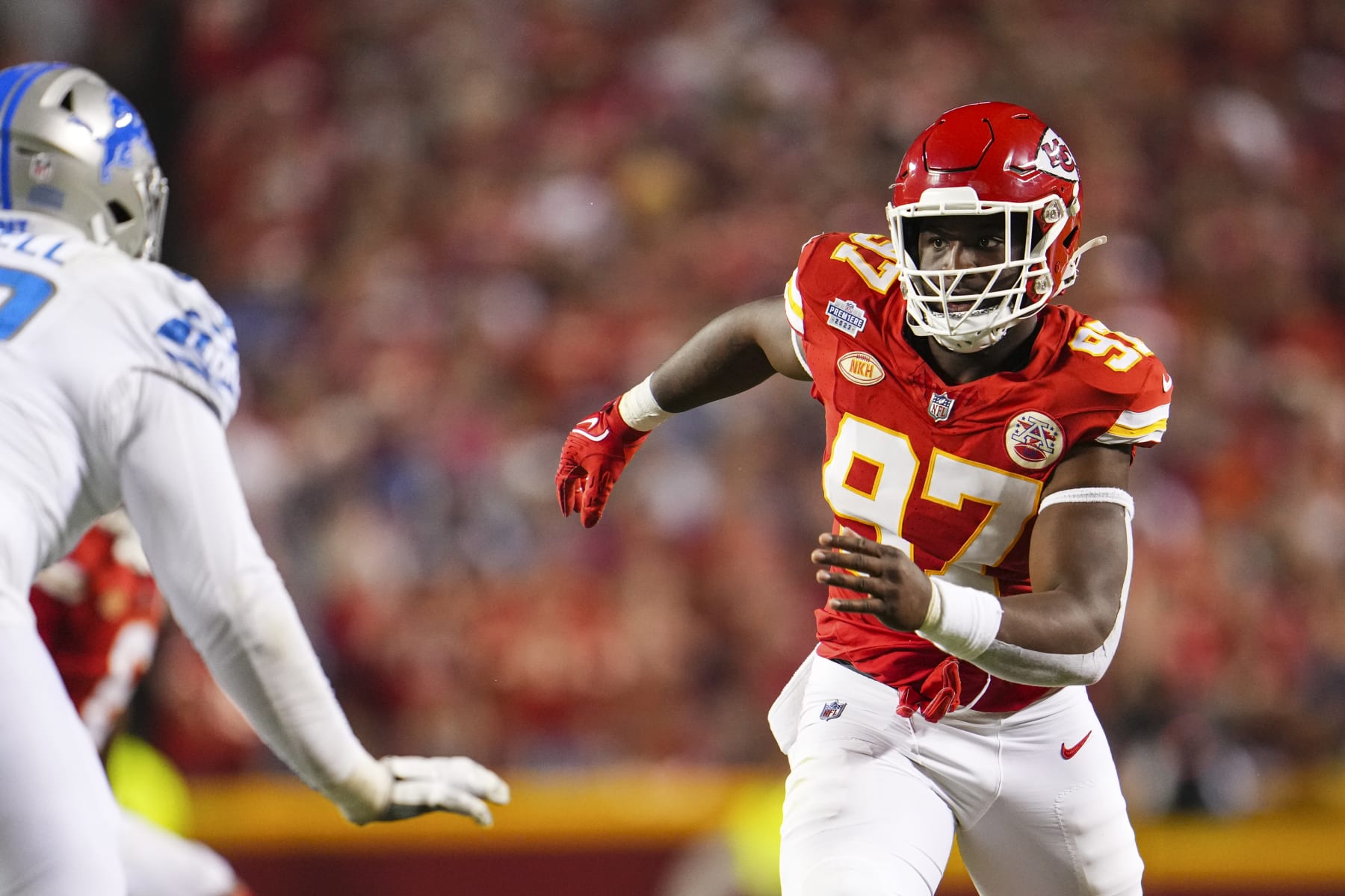 KANSAS CITY, MO - SEPTEMBER 07: Felix Anudike-Uzomah #97 of the Kansas City Chiefs runs around the corner during at GEHA Field at Arrowhead Stadium on September 7, 2023 in Kansas City, Missouri. (Photo by Cooper Neill/Getty Images)