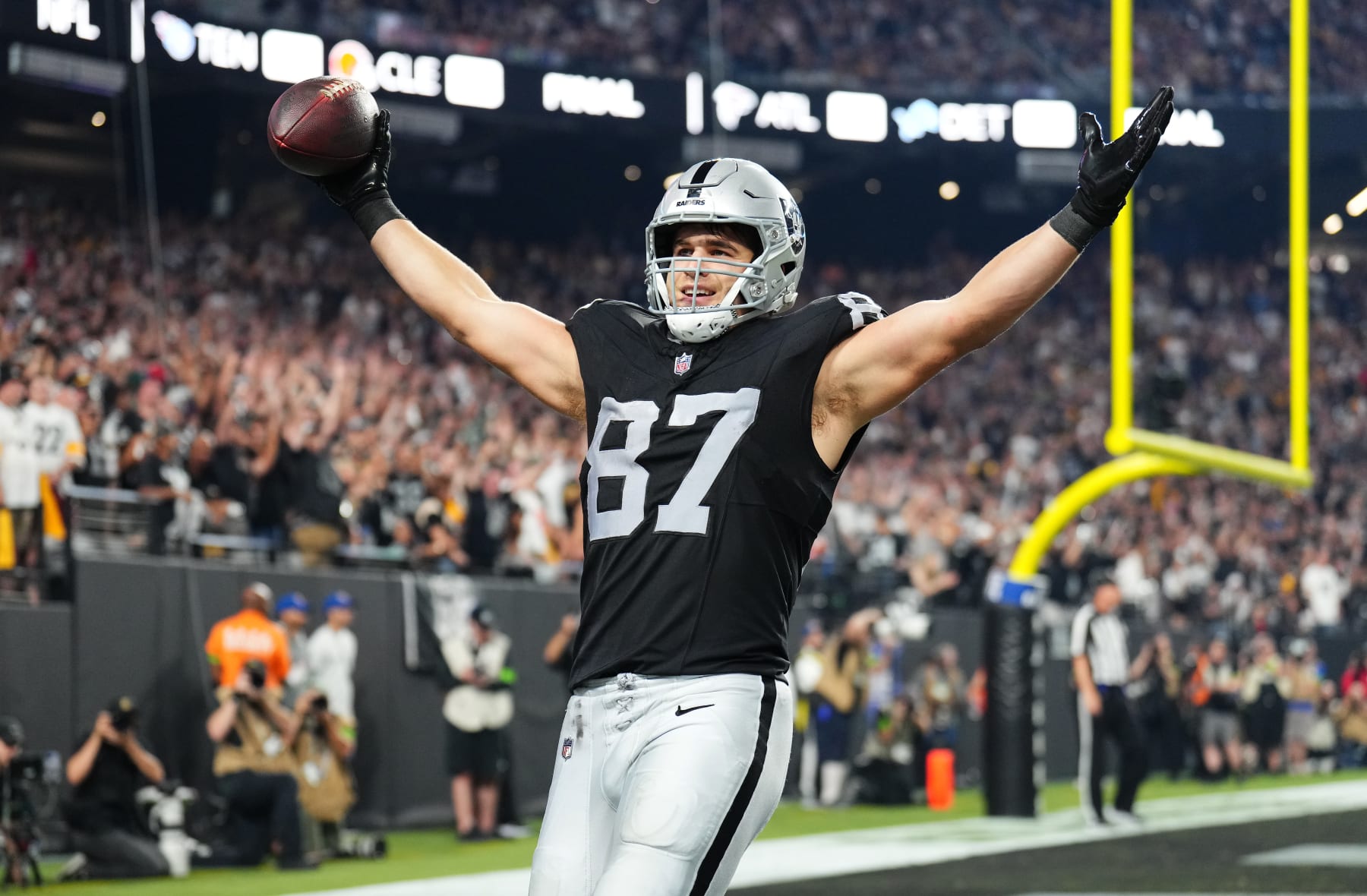 LAS VEGAS, NEVADA - SEPTEMBER 24: Michael Mayer #87 of the Las Vegas Raiders celebrates after a two point conversion in the game against the Pittsburgh Steelers during the fourth quarter at Allegiant Stadium on September 24, 2023 in Las Vegas, Nevada. (Photo by Chris Unger/Getty Images)