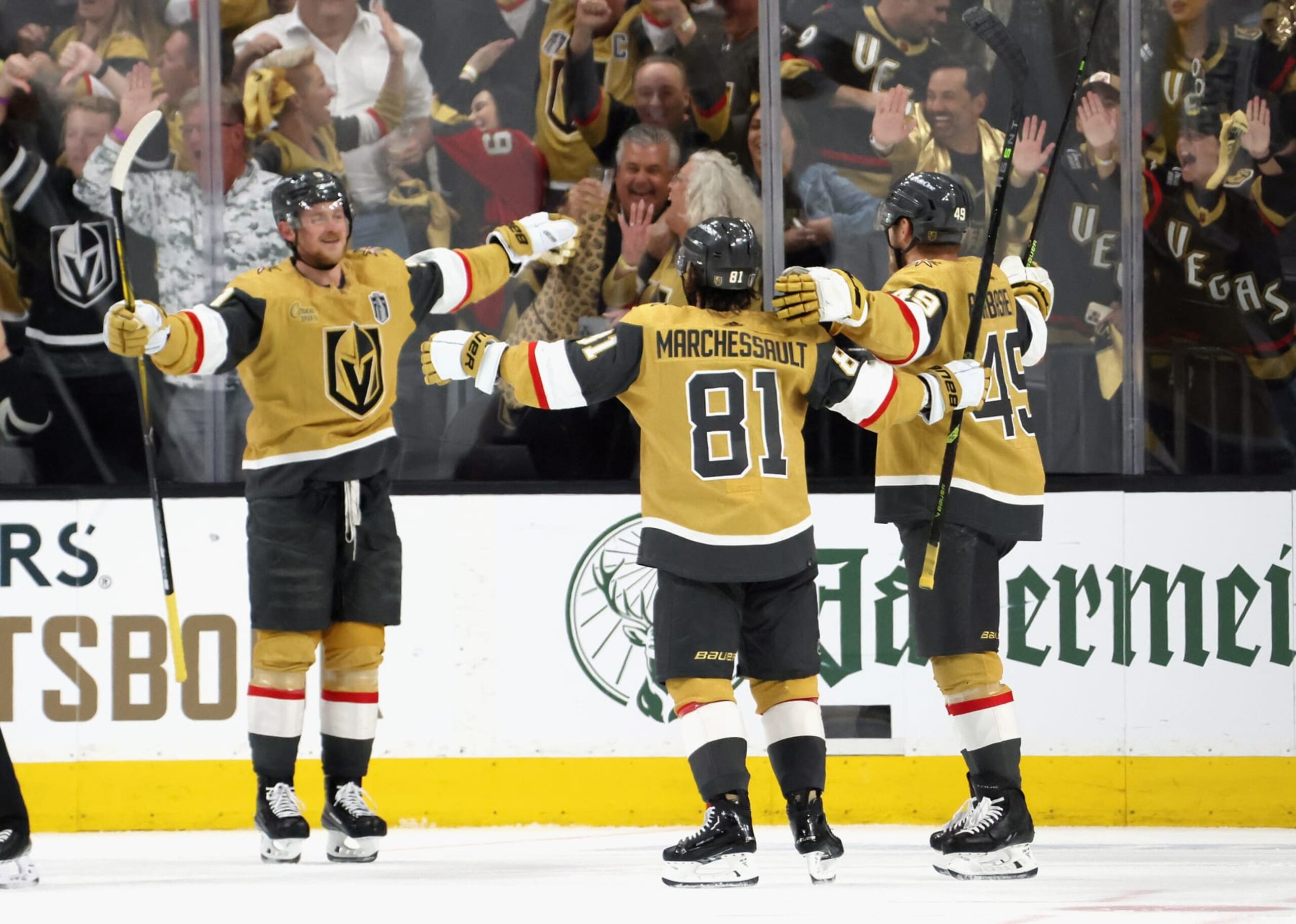 LAS VEGAS, NEVADA - JUNE 13: Jack Eichel #9 of the Vegas Golden Knights celebrates a team goal against the Florida Panthers  in Game Five of the 2023 NHL Stanley Cup Final at T-Mobile Arena on June 13, 2023 in Las Vegas, Nevada. (Photo by Bruce Bennett/Getty Images)
