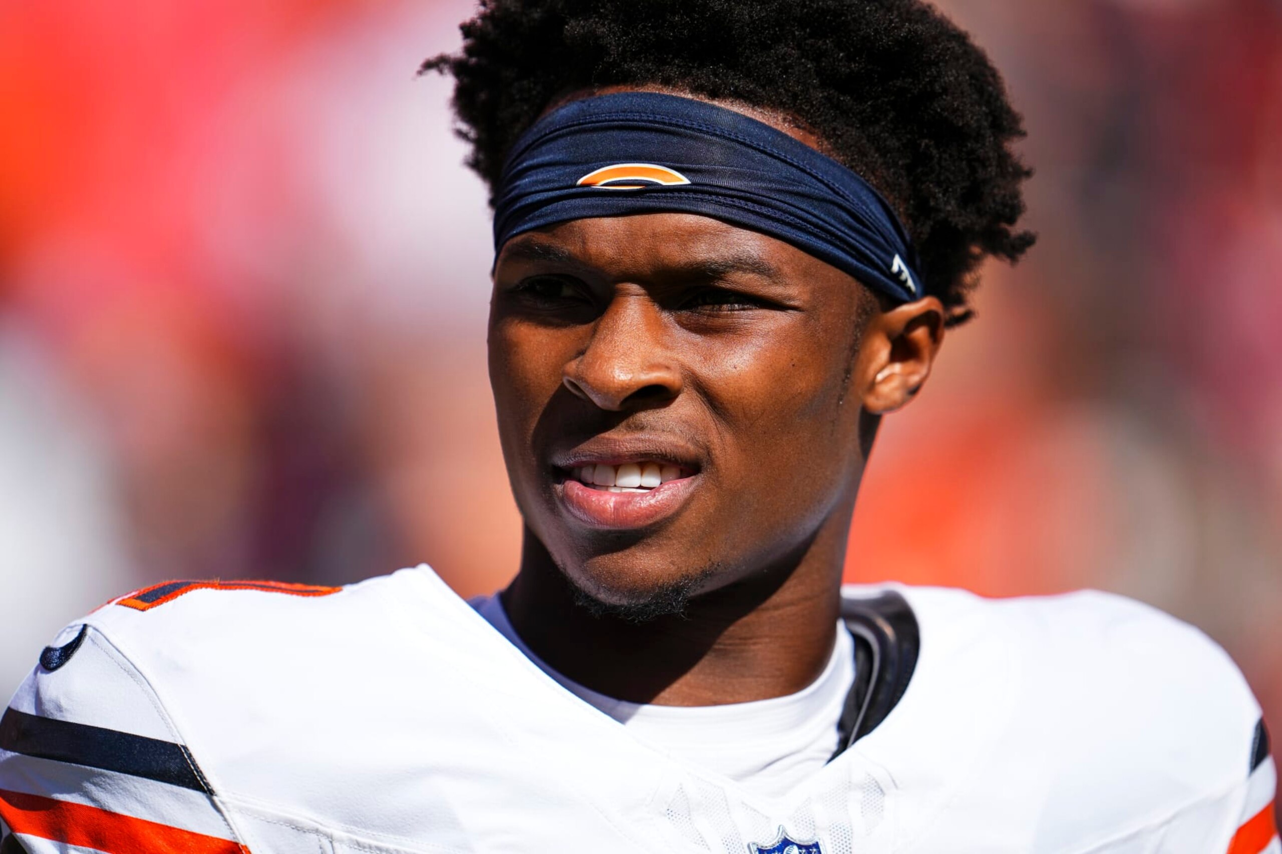 KANSAS CITY, MO - SEPTEMBER 24: Darnell Mooney #11 of the Chicago Bears warms up prior to at GEHA Field at Arrowhead Stadium on September 24, 2023 in Kansas City, Missouri. (Photo by Cooper Neill/Getty Images)