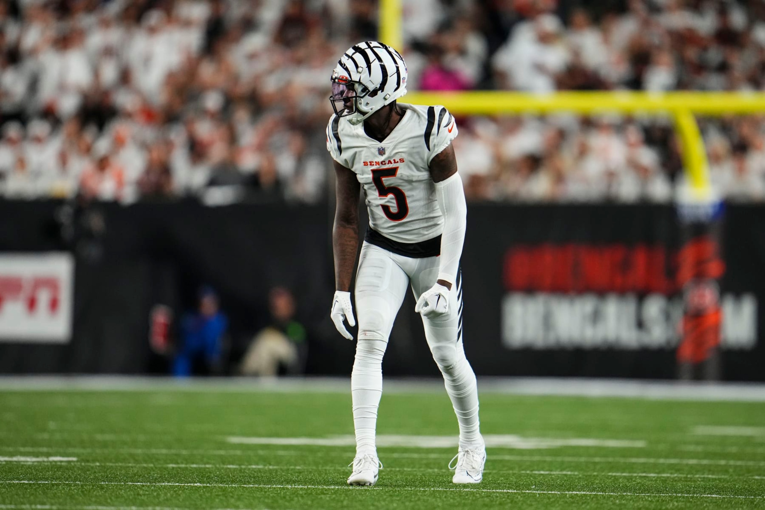 CINCINNATI, OH - SEPTEMBER 25: Tee Higgins #5 of the Cincinnati Bengals looks on from the field during at Paycor Stadium on September 25, 2023 in Cincinnati, Ohio. (Photo by Cooper Neill/Getty Images)