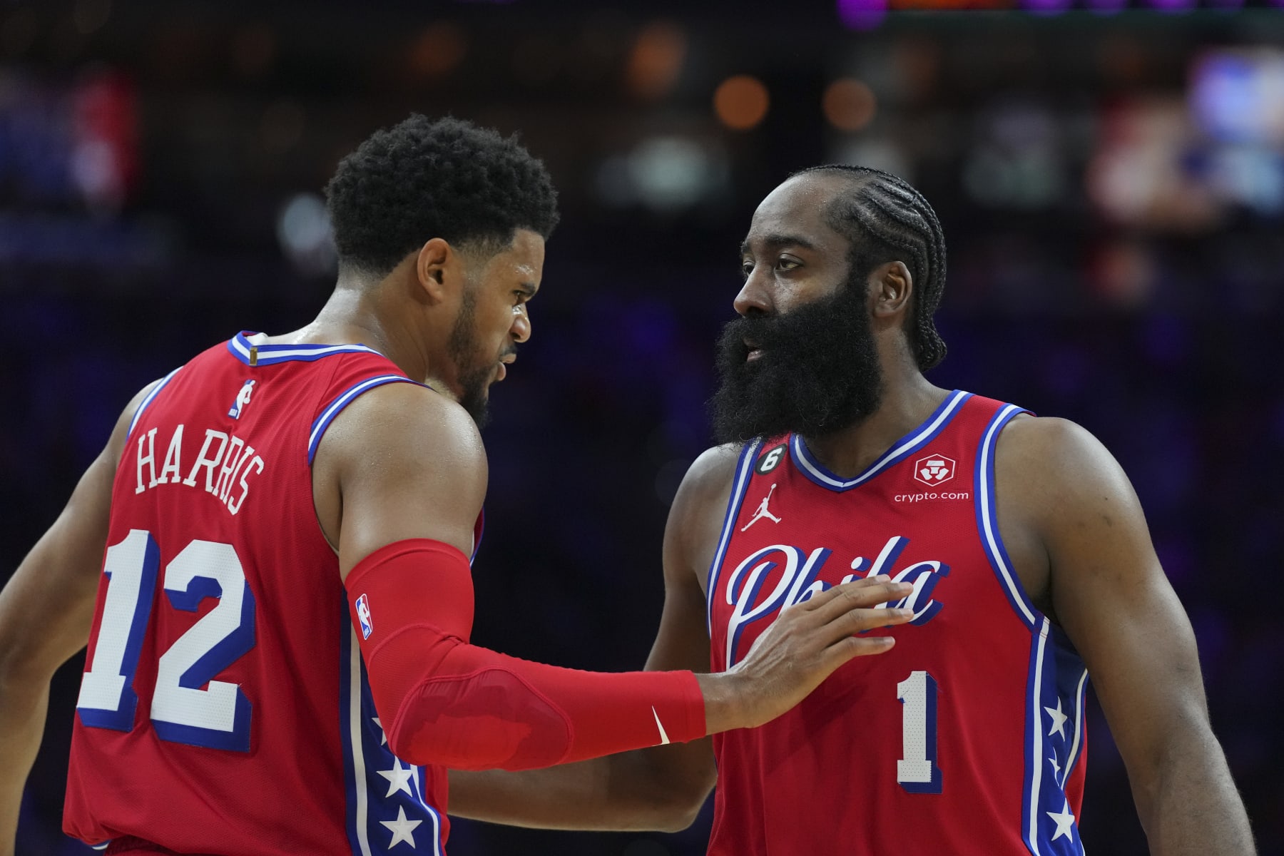 PHILADELPHIA, PA - APRIL 15: Tobias Harris #12 of the Philadelphia 76ers celebrates with James Harden #1 against the Brooklyn Nets during Game One of the Eastern Conference First Round Playoffs at the Wells Fargo Center on April 15, 2023 in Philadelphia, Pennsylvania. The 76ers defeated the Nets 121-101. NOTE TO USER: User expressly acknowledges and agrees that, by downloading and or using this photograph, User is consenting to the terms and conditions of the Getty Images License Agreement. (Photo by Mitchell Leff/Getty Images)