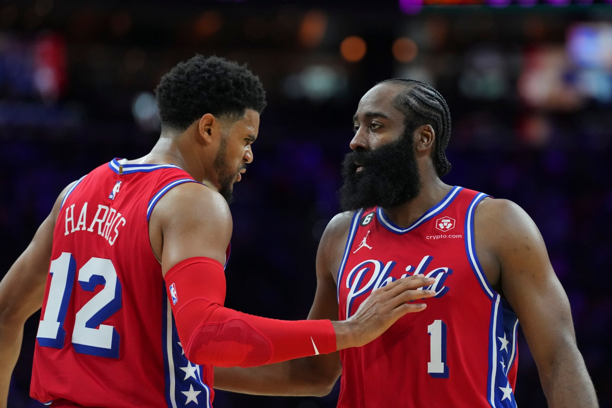 PHILADELPHIA, PA - APRIL 15: Tobias Harris #12 of the Philadelphia 76ers celebrates with James Harden #1 against the Brooklyn Nets during Game One of the Eastern Conference First Round Playoffs at the Wells Fargo Center on April 15, 2023 in Philadelphia, Pennsylvania. The 76ers defeated the Nets 121-101. NOTE TO USER: User expressly acknowledges and agrees that, by downloading and or using this photograph, User is consenting to the terms and conditions of the Getty Images License Agreement. (Photo by Mitchell Leff/Getty Images)