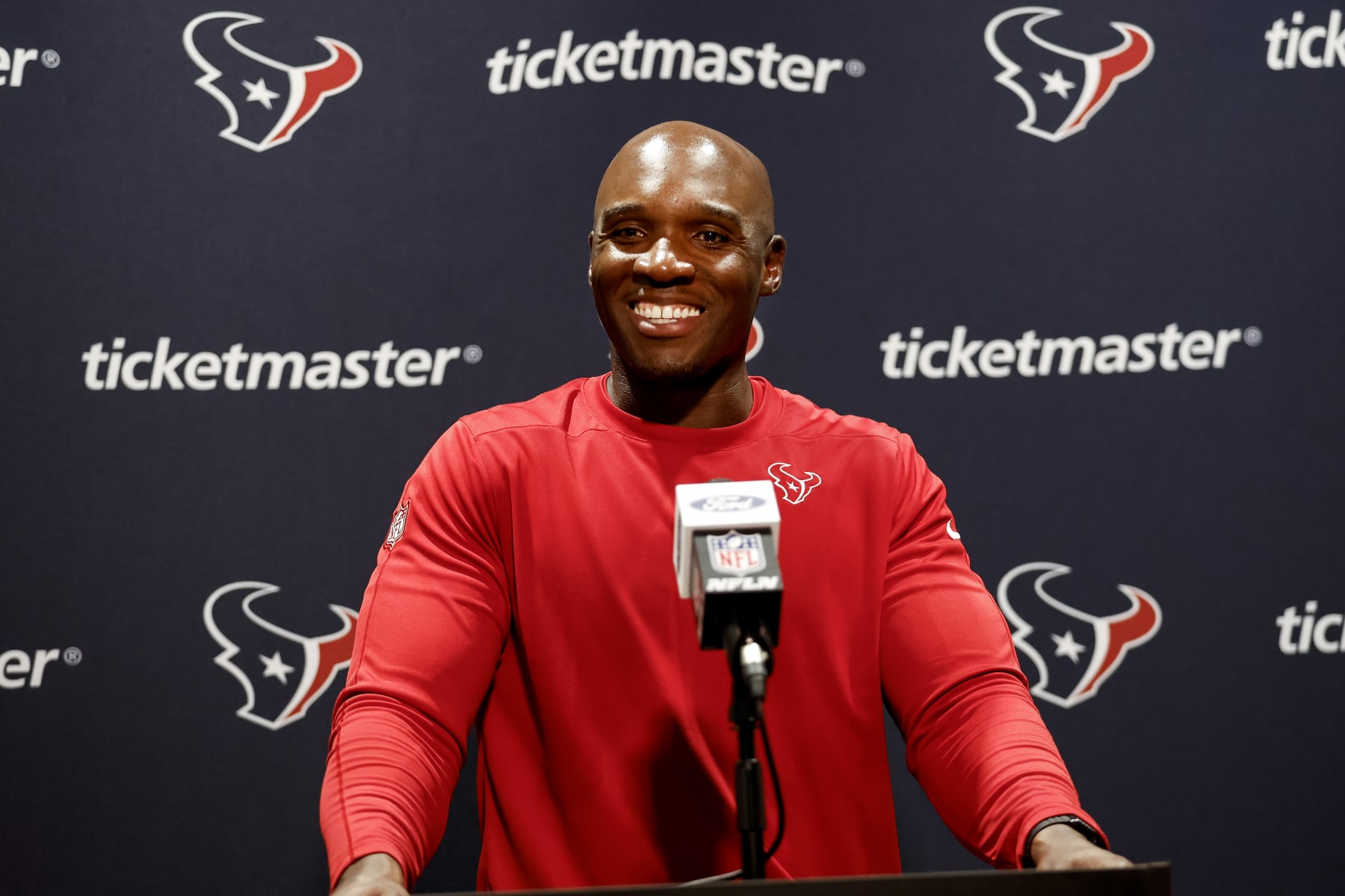 JACKSONVILLE, FL - SEPTEMBER 24: Head Coach DeMeco Ryans of the Houston Texans talks with the media during the post game press conference against the Jacksonville Jaguars at EverBank Stadium on September 24, 2023 in Jacksonville, Florida. The Texans defeated the Jaguars 37 to 17. (Photo by Don Juan Moore/Getty Images)