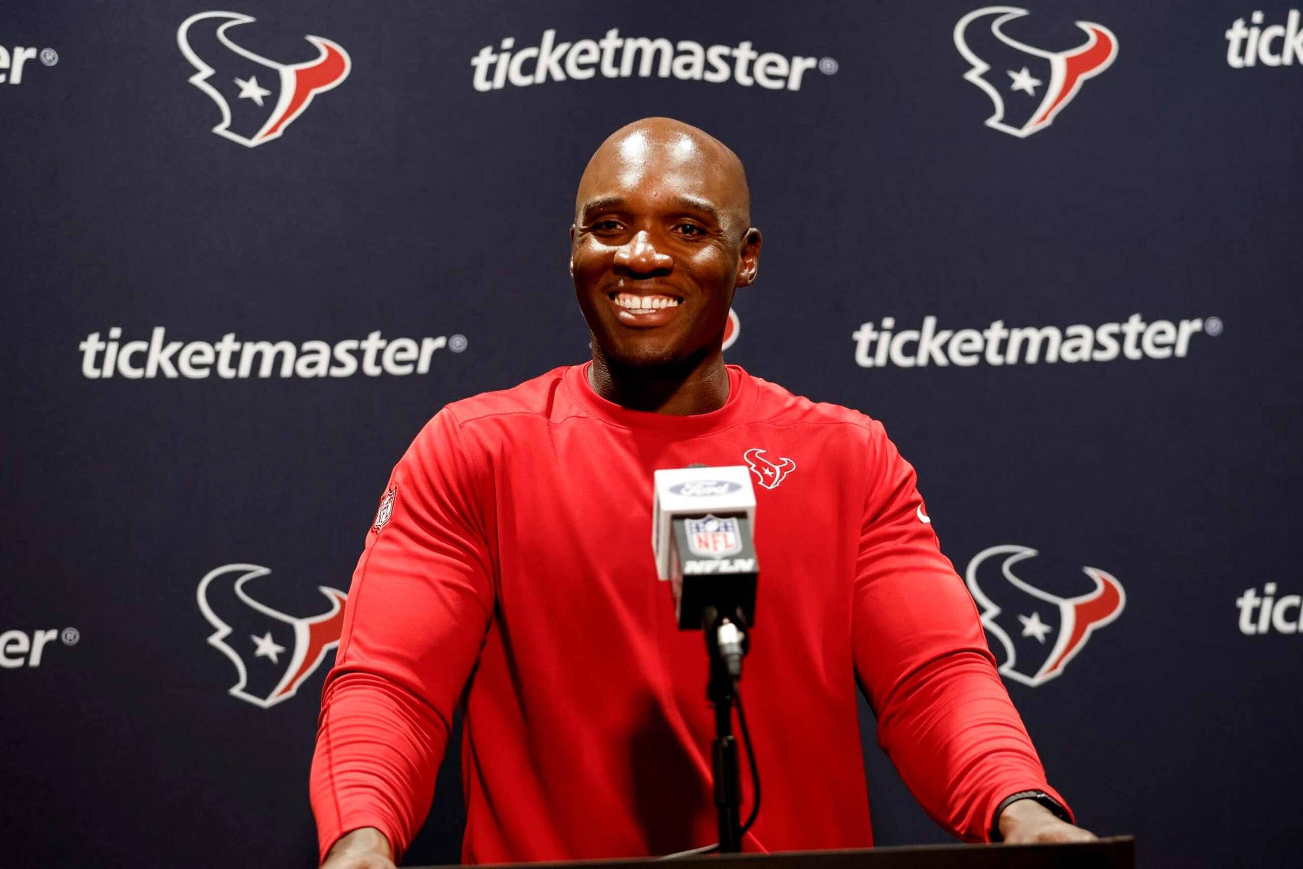 JACKSONVILLE, FL - SEPTEMBER 24: Head Coach DeMeco Ryans of the Houston Texans talks with the media during the post game press conference against the Jacksonville Jaguars at EverBank Stadium on September 24, 2023 in Jacksonville, Florida. The Texans defeated the Jaguars 37 to 17. (Photo by Don Juan Moore/Getty Images)