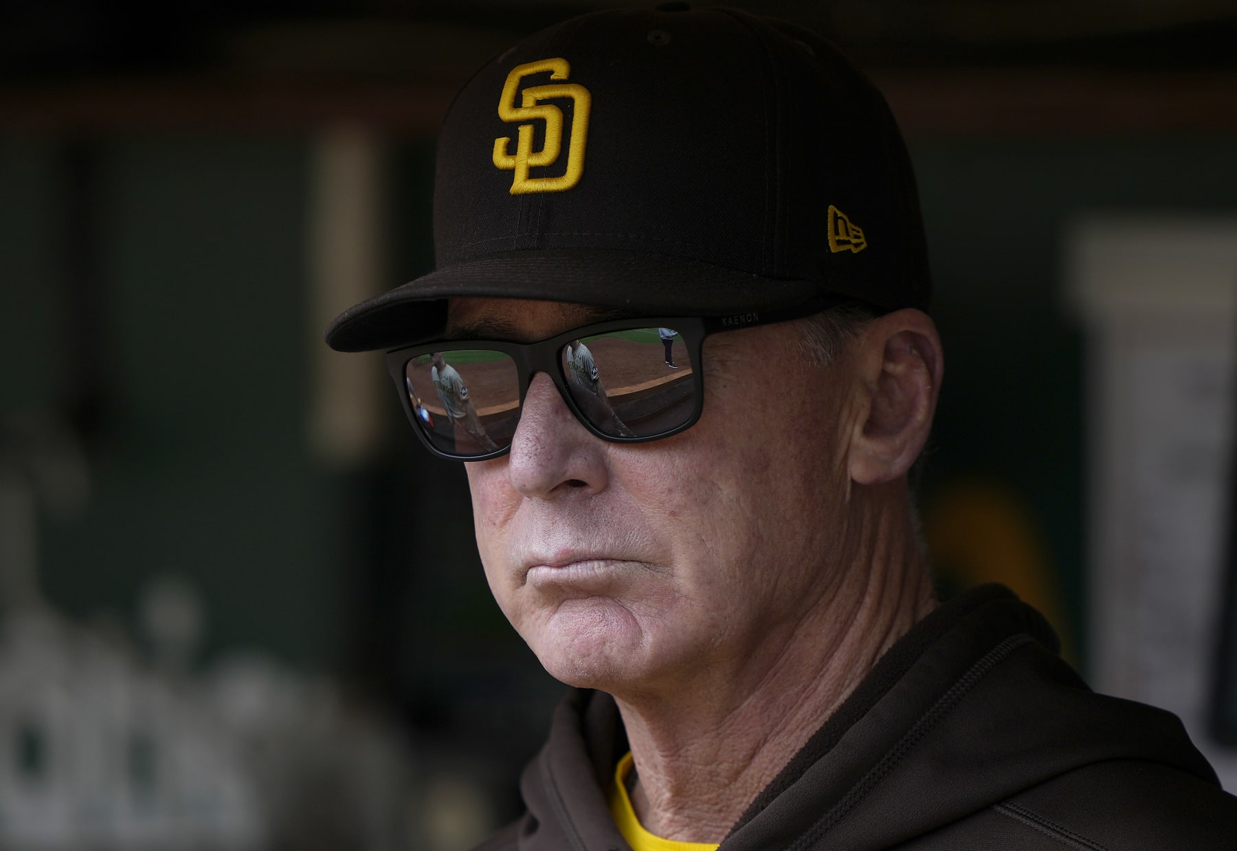 OAKLAND, CALIFORNIA - SEPTEMBER 16: Manager Bob Melvin #3 of the San Diego Padres standing in the dugout looks on prior to the start of the game against the Oakland Athletics at RingCentral Coliseum on September 16, 2023 in Oakland, California. (Photo by Thearon W. Henderson/Getty Images)