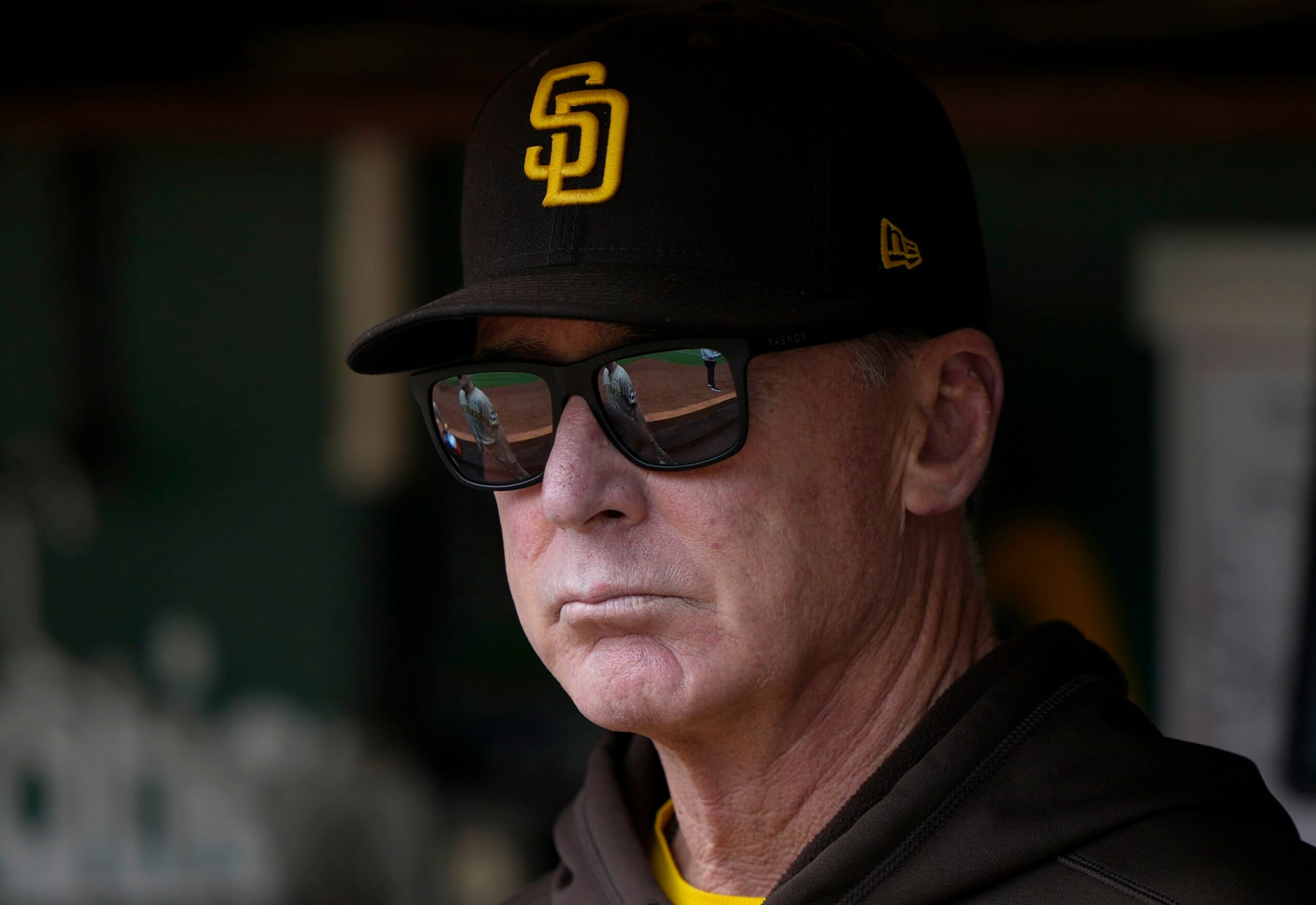 OAKLAND, CALIFORNIA - SEPTEMBER 16: Manager Bob Melvin #3 of the San Diego Padres standing in the dugout looks on prior to the start of the game against the Oakland Athletics at RingCentral Coliseum on September 16, 2023 in Oakland, California. (Photo by Thearon W. Henderson/Getty Images)