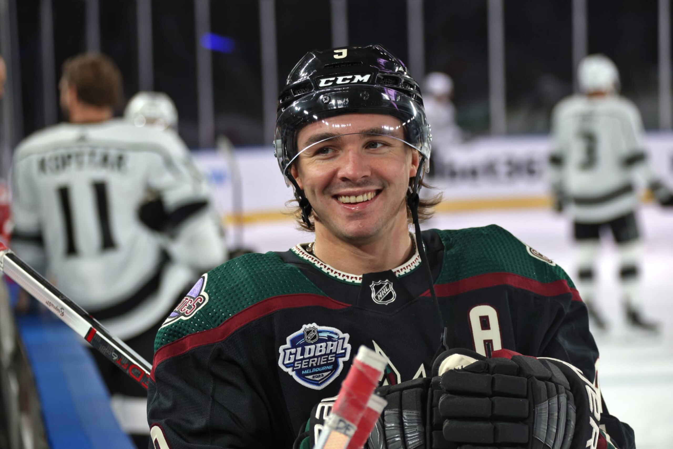 MELBOURNE, AUSTRALIA - SEPTEMBER 23: Clayton Keller #9 of the Arizona Coyotes looks on during warm-up prior to the NHL Global Series match between Arizona Coyotes and Los Angeles Kings at Rod Laver Arena on September 23, 2023 in Melbourne, Australia. (Photo by Dave Sandford/NHLI via Getty Images)