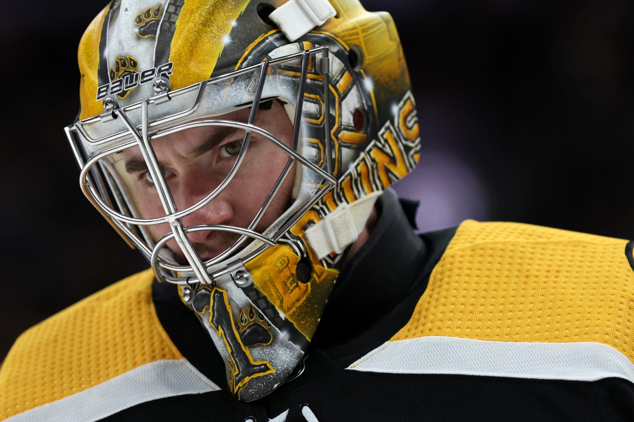 BOSTON, MASSACHUSETTS - APRIL 30: Jeremy Swayman #1 of the Boston Bruins looks on during the second period against the Florida Panthers in Game Seven of the First Round of the 2023 Stanley Cup Playoffs at TD Garden on April 30, 2023 in Boston, Massachusetts. (Photo by Maddie Meyer/Getty Images)