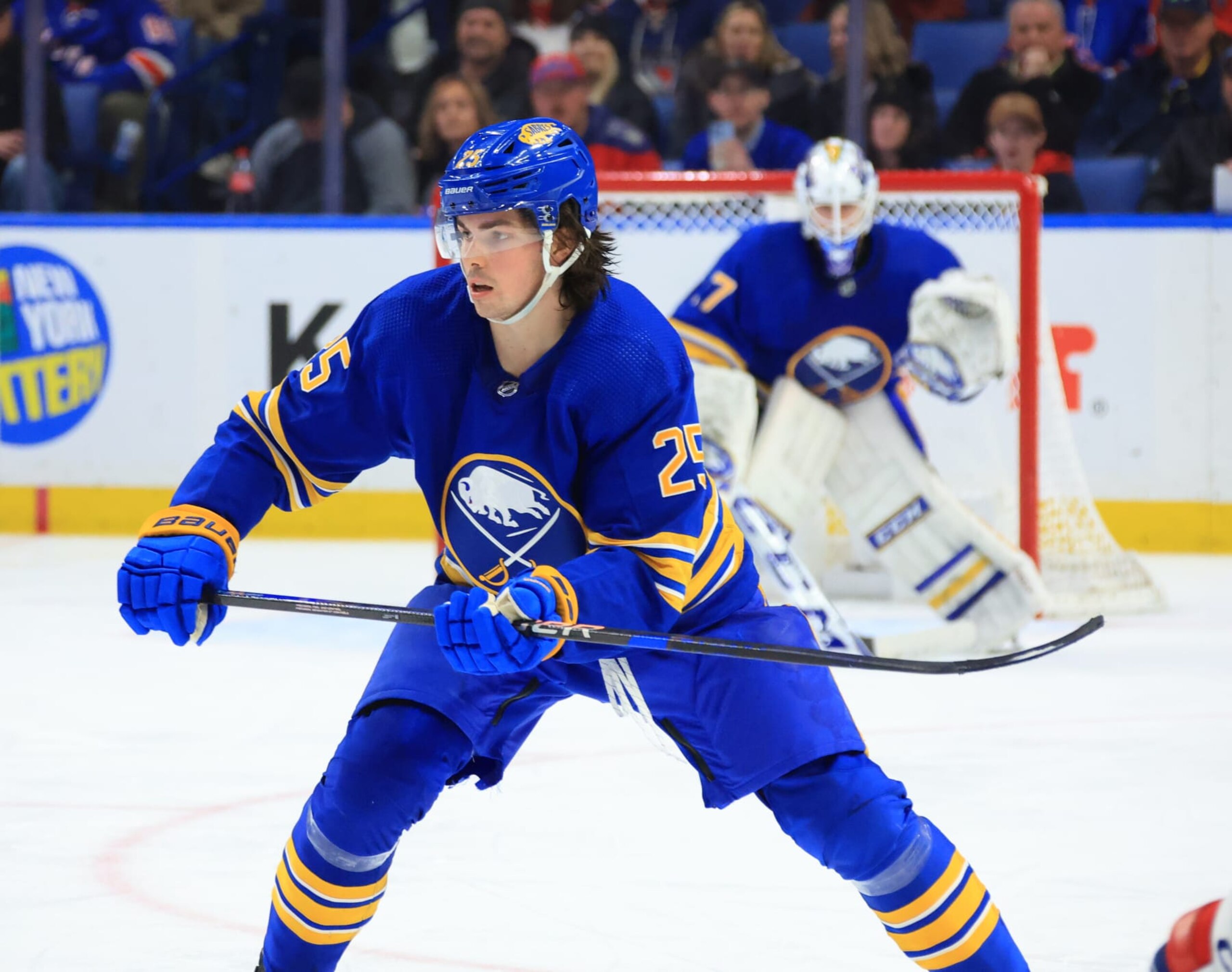 BUFFALO, NY - MARCH 31: Owen Power #25 of the Buffalo Sabres defends against the New York Rangers during an NHL game on March 31, 2023 at KeyBank Center in Buffalo, New York. (Photo by Bill Wippert/NHLI via Getty Images)