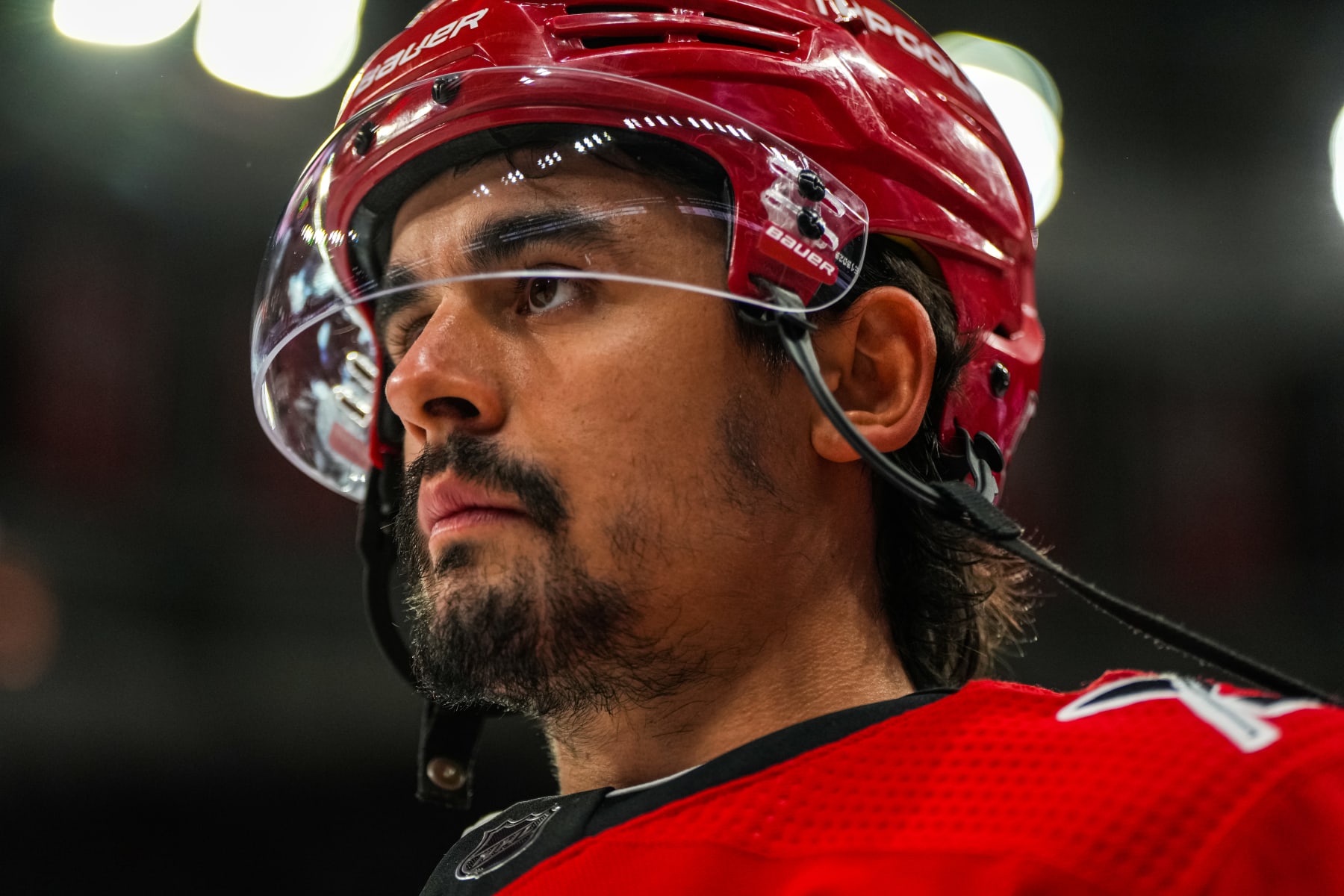 RALEIGH, NORTH CAROLINA - MAY 20: Seth Jarvis #24 of the Carolina Hurricanes warms up prior to Game Two of the Eastern Conference Final of the 2023 Stanley Cup Playoffs against the Florida Panthers at PNC Arena on May 20, 2023 in Raleigh, North Carolina. (Photo by Josh Lavallee/NHLI via Getty Images)