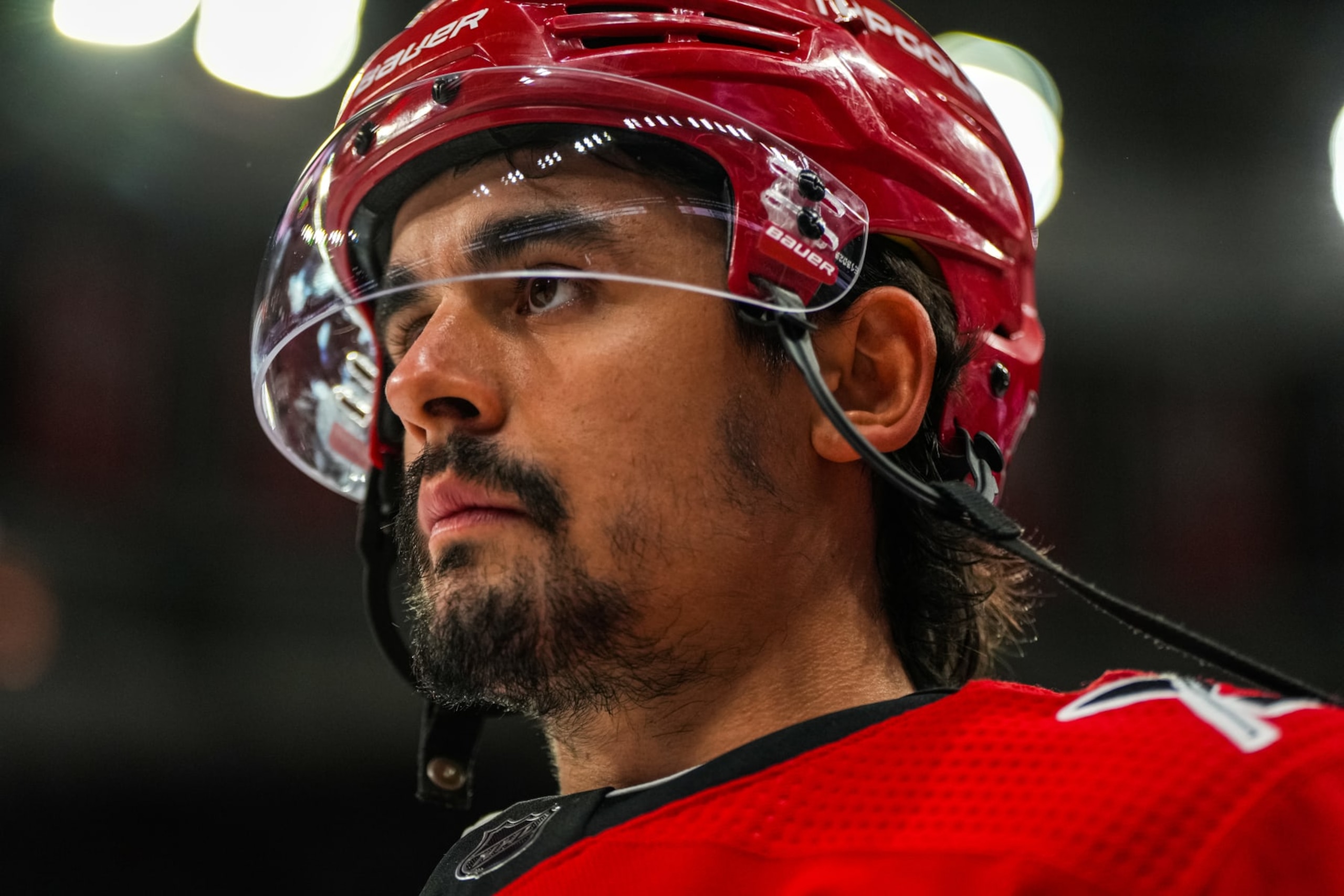 RALEIGH, NORTH CAROLINA - MAY 20: Seth Jarvis #24 of the Carolina Hurricanes warms up prior to Game Two of the Eastern Conference Final of the 2023 Stanley Cup Playoffs against the Florida Panthers at PNC Arena on May 20, 2023 in Raleigh, North Carolina. (Photo by Josh Lavallee/NHLI via Getty Images)