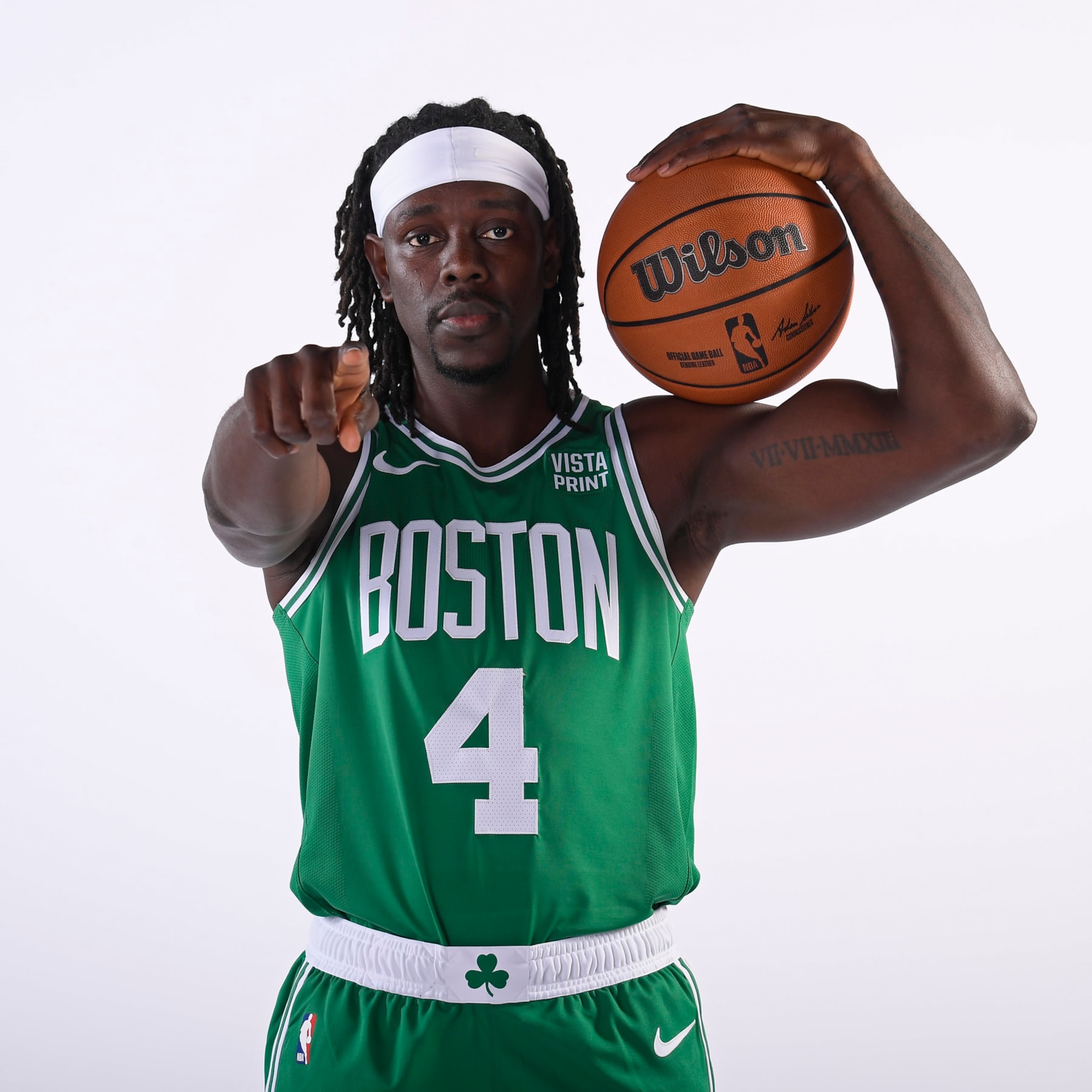 BOSTON, MA - OCTOBER 02: Jrue Holiday #4 of the Boston Celtics poses for a portrait during 2023-24 NBA Media Day on October 2, 2023 at the TD Garden in Boston, Massachusetts. NOTE TO USER: User expressly acknowledges and agrees that, by downloading and or using this photograph, User is consenting to the terms and conditions of the Getty Images License Agreement. Mandatory Copyright Notice: Copyright 2023 NBAE  (Photo by Brian Babineau/NBAE via Getty Images)