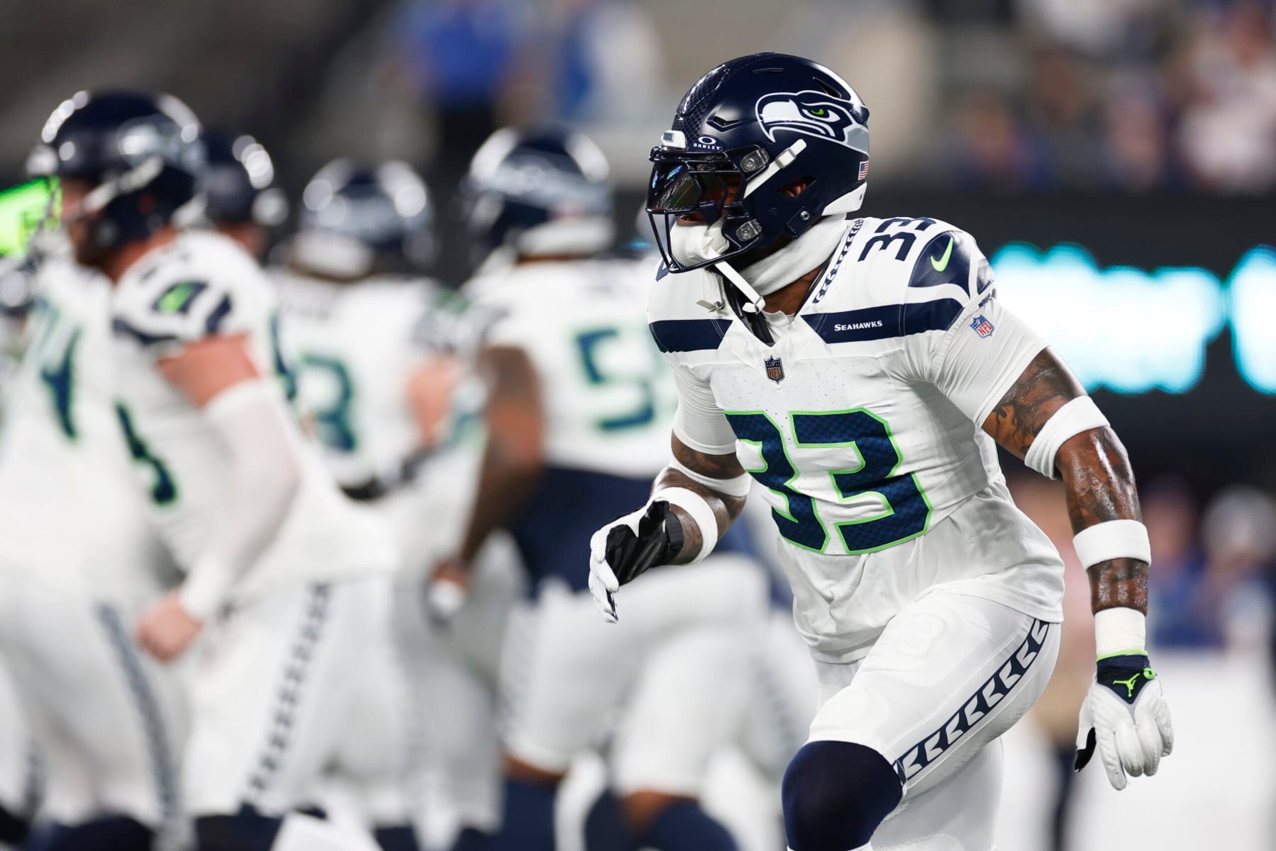 EAST RUTHERFORD, NEW JERSEY - OCTOBER 02: Jamal Adams #33 of the Seattle Seahawks warms-up prior to a game against the New York Giants at MetLife Stadium on October 02, 2023 in East Rutherford, New Jersey. (Photo by Sarah Stier/Getty Images)