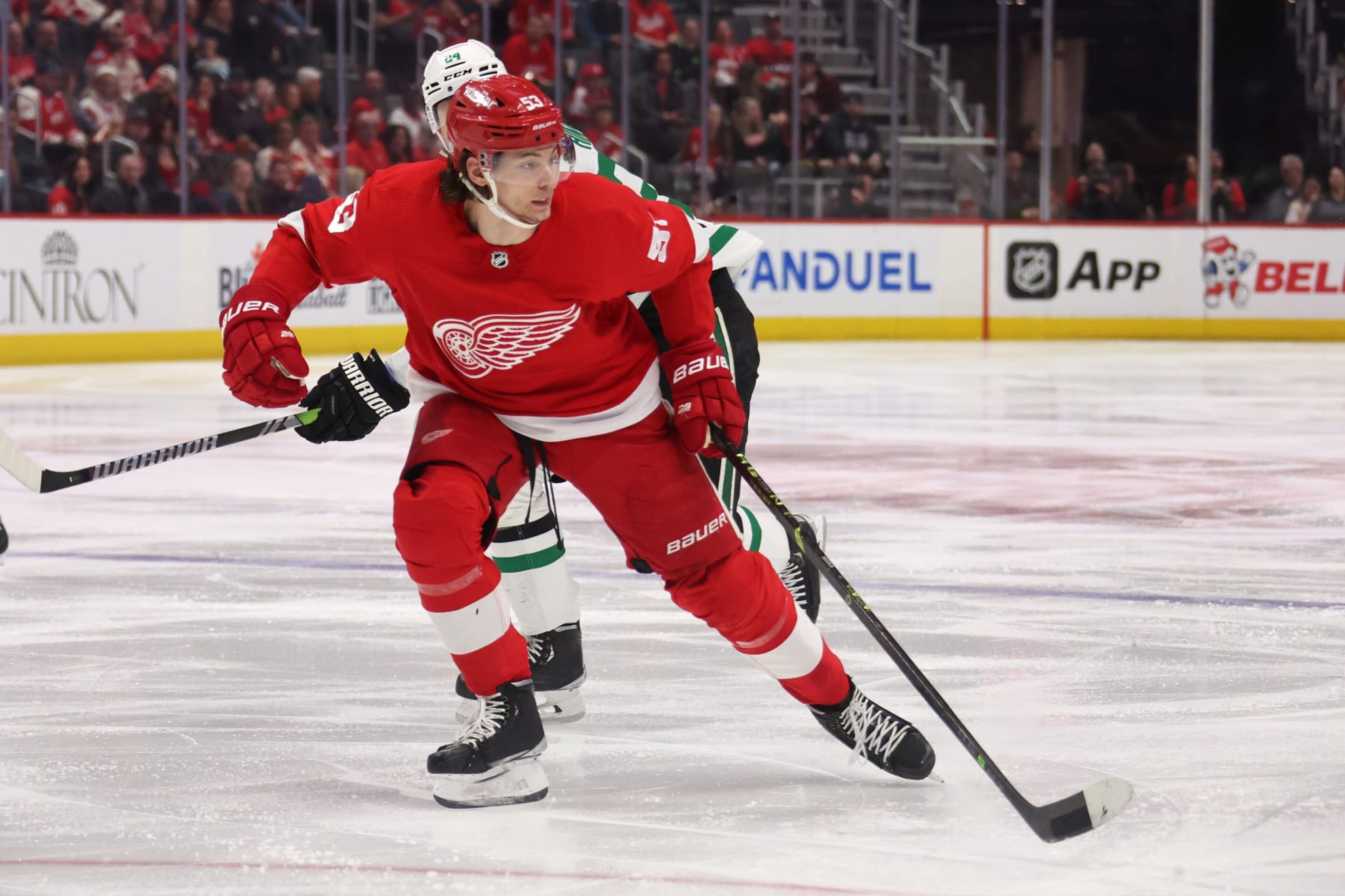 DETROIT, MICHIGAN - APRIL 10: Moritz Seider #53 of the Detroit Red Wings skates against the Dallas Stars at Little Caesars Arena on April 10, 2023 in Detroit, Michigan. (Photo by Gregory Shamus/Getty Images) DETROIT, MICHIGAN - APRIL 10: Moritz Seider #53 of the Detroit Red Wings skates against the Dallas Stars at Little Caesars Arena on April 10, 2023 in Detroit, Michigan. (Photo by Gregory Shamus/Getty Images)