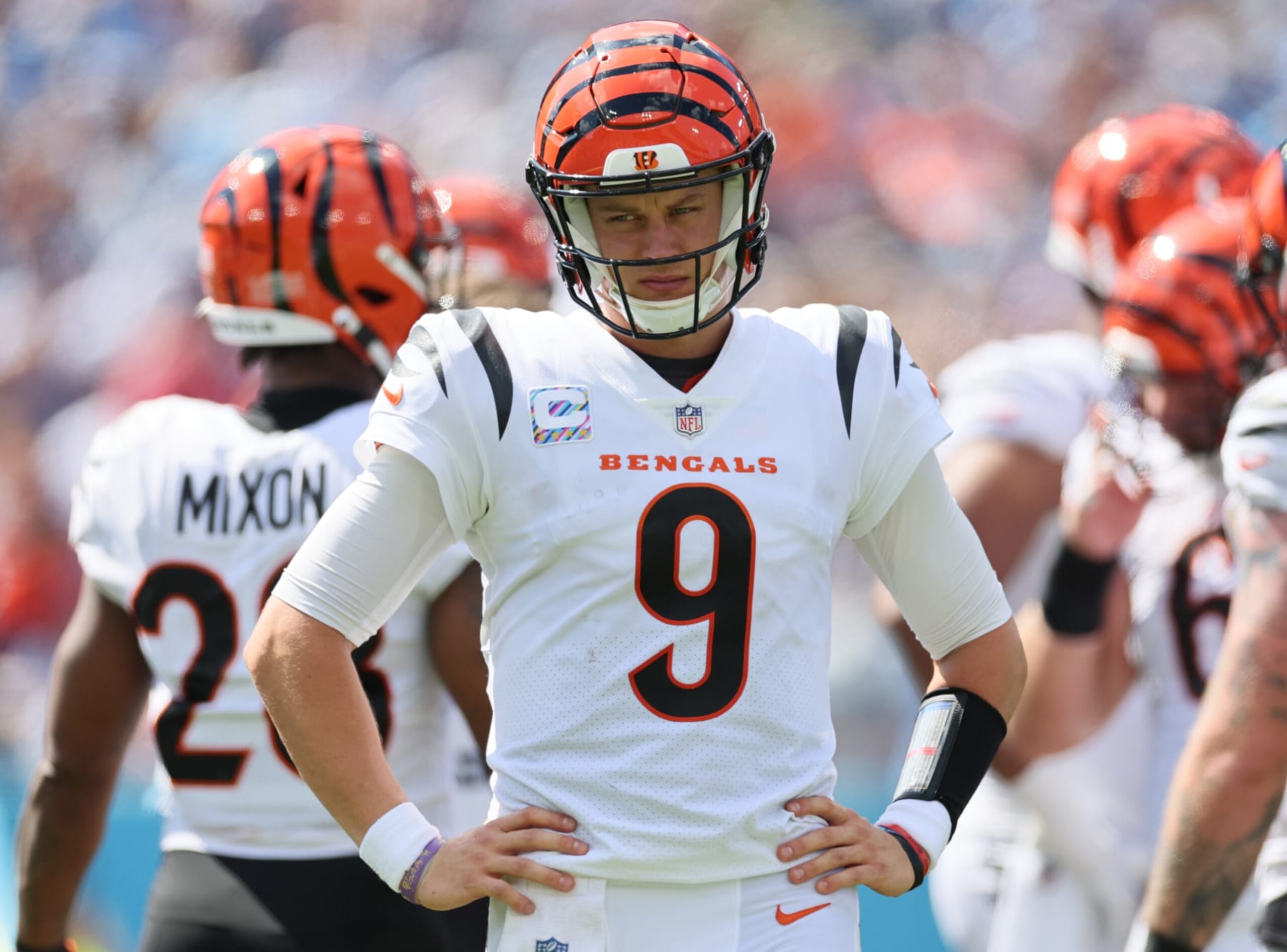 NASHVILLE, TENNESSEE - OCTOBER 01: Joe Burrow #9 of the Cincinnati Bengals looks on against the Tennessee Titans during the first half at Nissan Stadium on October 01, 2023 in Nashville, Tennessee. (Photo by Andy Lyons/Getty Images)