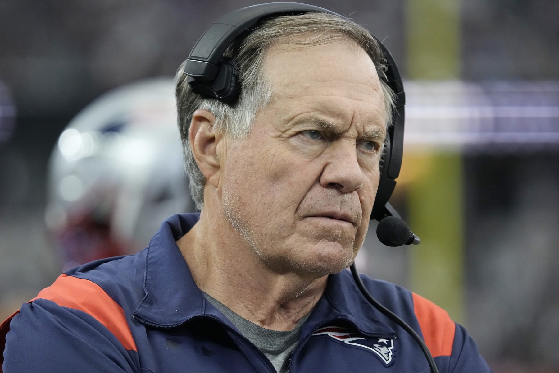 ARLINGTON, TEXAS - OCTOBER 01: Head coach Bill Belichick of the New England Patriots looks during the first quarter against the Dallas Cowboys at AT&T Stadium on October 01, 2023 in Arlington, Texas. (Photo by Sam Hodde/Getty Images)