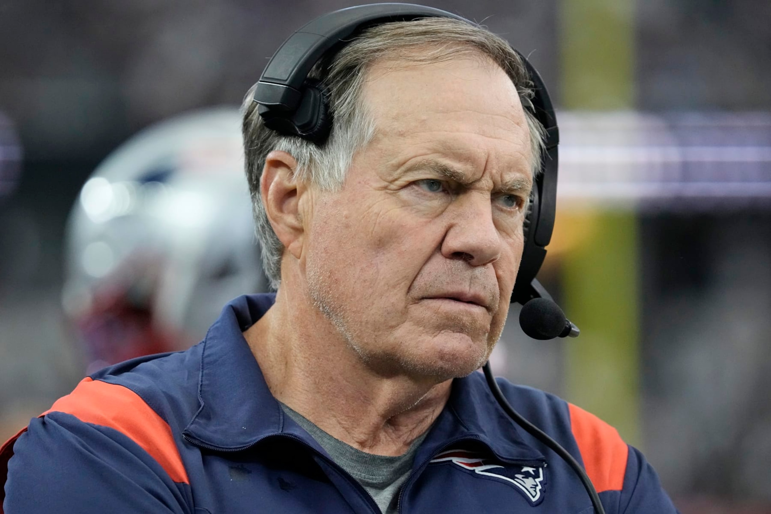ARLINGTON, TEXAS - OCTOBER 01: Head coach Bill Belichick of the New England Patriots looks during the first quarter against the Dallas Cowboys at AT&T Stadium on October 01, 2023 in Arlington, Texas. (Photo by Sam Hodde/Getty Images)