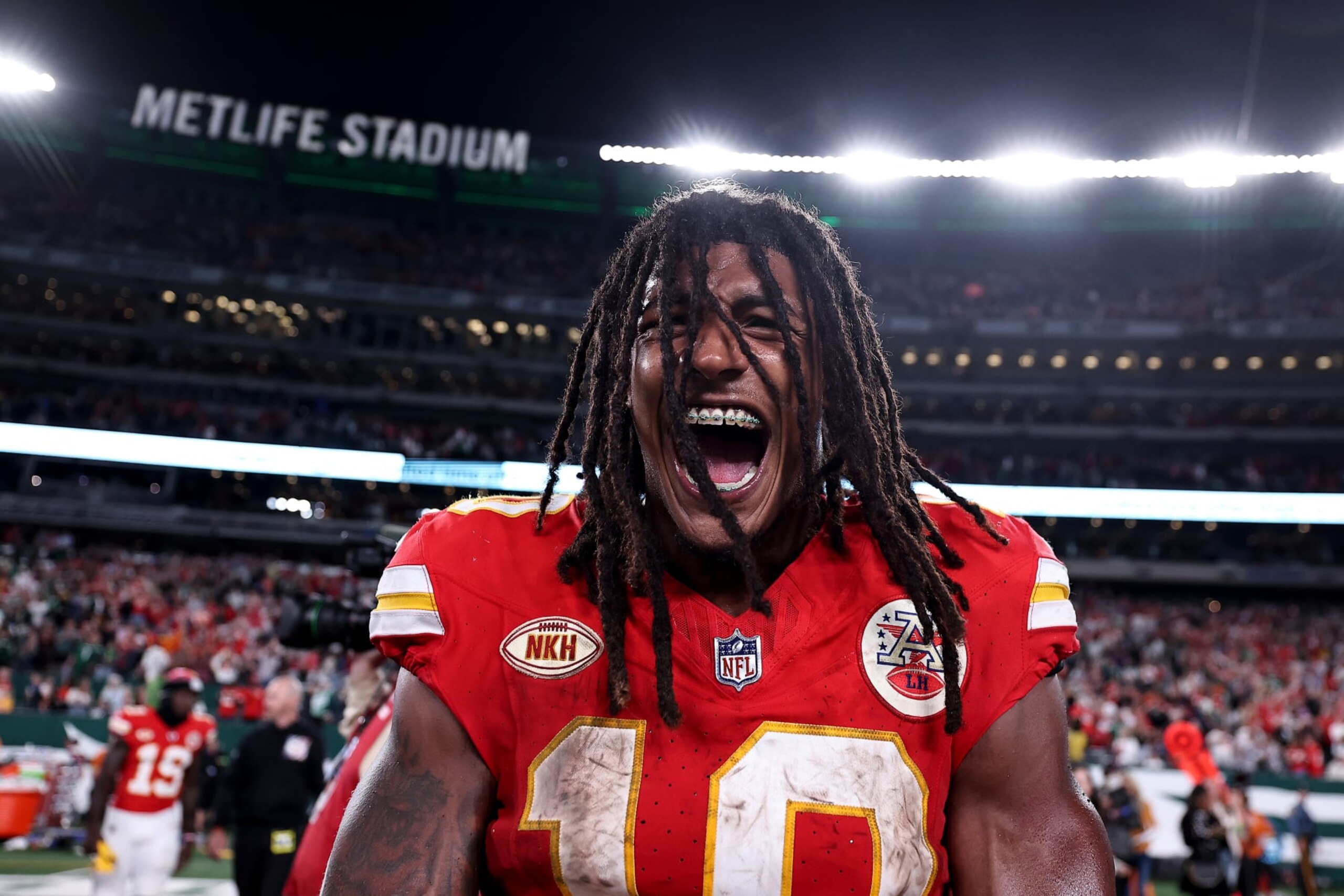EAST RUTHERFORD, NEW JERSEY - OCTOBER 01: Isiah Pacheco #10 of the Kansas City Chiefs celebrates after defeating the New York Jets in the game at MetLife Stadium on October 01, 2023 in East Rutherford, New Jersey. (Photo by Dustin Satloff/Getty Images) EAST RUTHERFORD, NEW JERSEY - OCTOBER 01: Isiah Pacheco #10 of the Kansas City Chiefs celebrates after defeating the New York Jets in the game at MetLife Stadium on October 01, 2023 in East Rutherford, New Jersey. (Photo by Dustin Satloff/Getty Images)