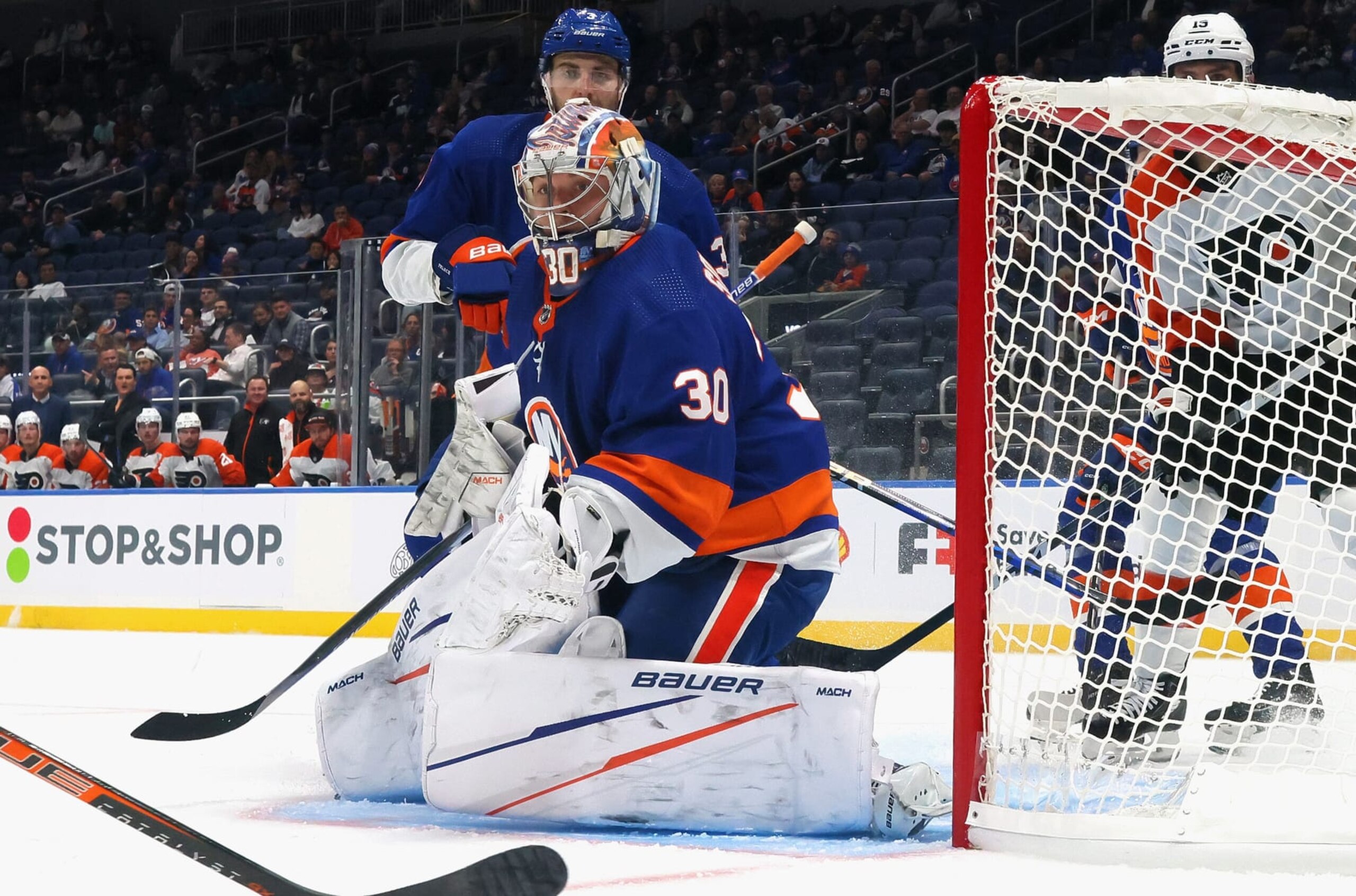 ELMONT, NEW YORK - SEPTEMBER 27: Ilya Sorokin #30 of New York Islanders skates against the Philadelphia Flyers during a preseason game at UBS Arena on September 27, 2023 in Elmont, New York. (Photo by Bruce Bennett/Getty Images)