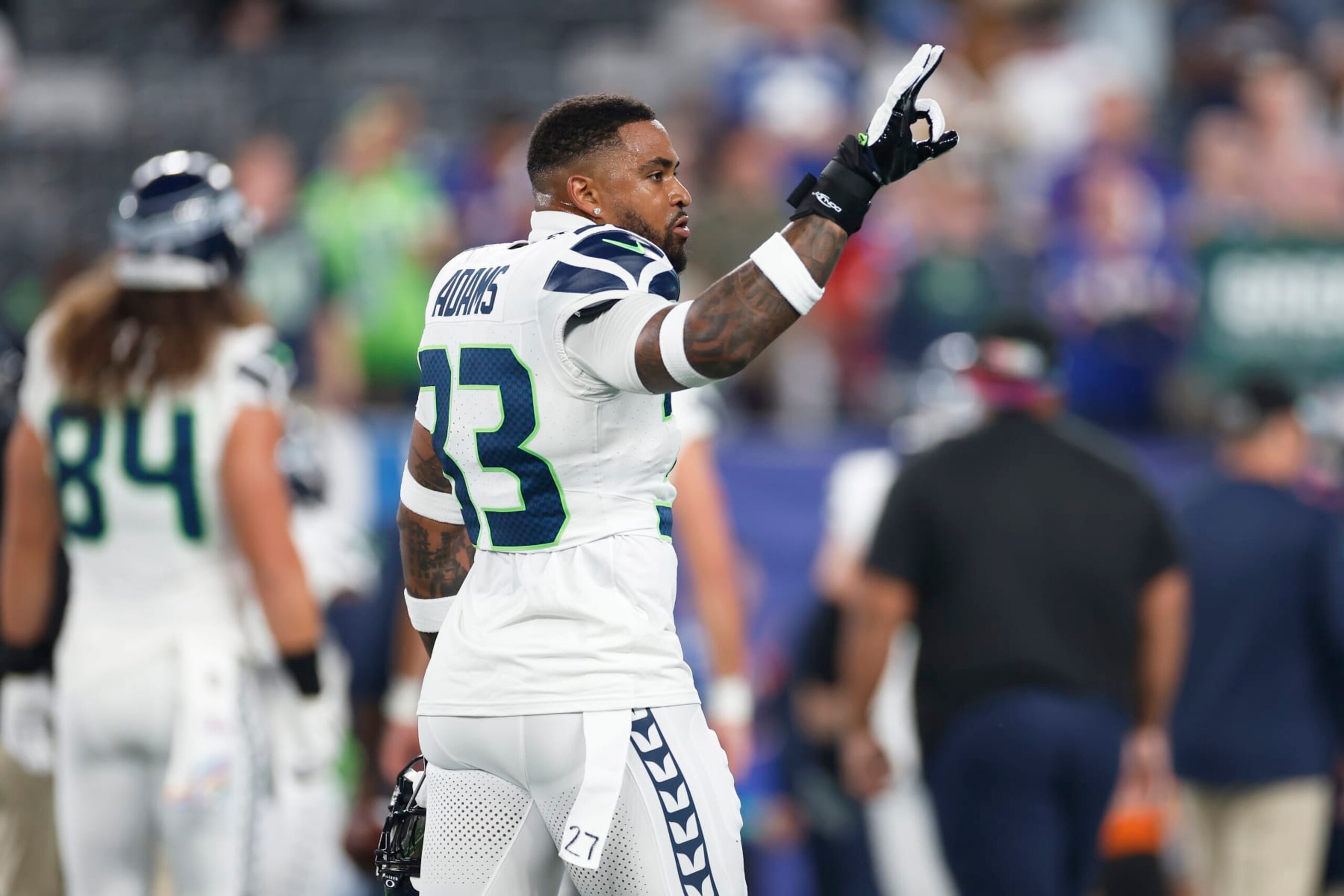 EAST RUTHERFORD, NEW JERSEY - OCTOBER 02: Jamal Adams #33 of the Seattle Seahawks reacts prior to a game against the New York Giants at MetLife Stadium on October 02, 2023 in East Rutherford, New Jersey. (Photo by Sarah Stier/Getty Images)