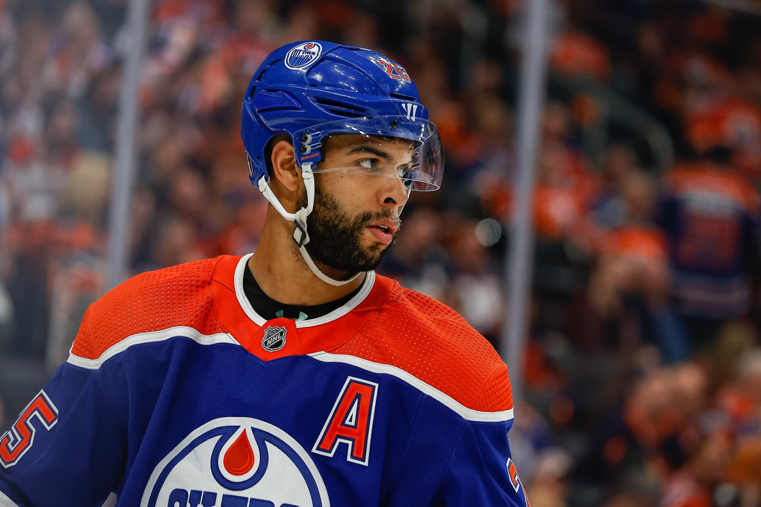EDMONTON, AB - MAY 14: Edmonton Oilers Defenceman Darnell Nurse (25) in action in the second period of game six in the Western Conference Second Round of the Edmonton Oilers versus the Las Vegas Golden Knights on May 14, 2023 at Rogers Place in Edmonton, AB. (Photo by Curtis Comeau/Icon Sportswire via Getty Images)